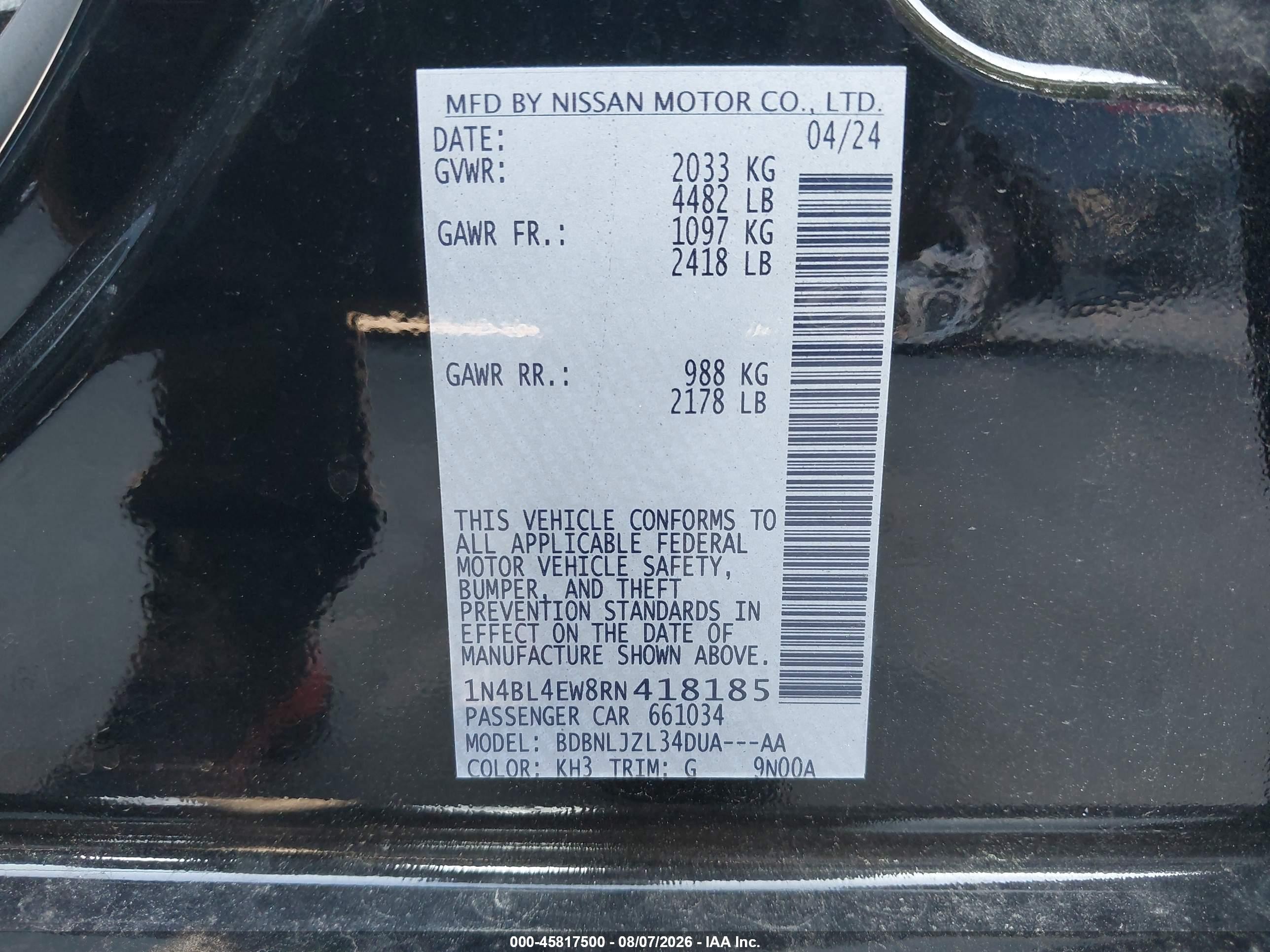 2024 Nissan Altima Sl Intelligent Awd Black vin: 1N4BL4EW8RN418185