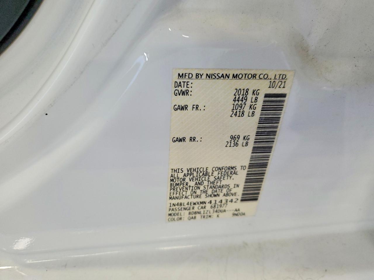 2021 Nissan Altima Sl White vin: 1N4BL4EWXMN414342