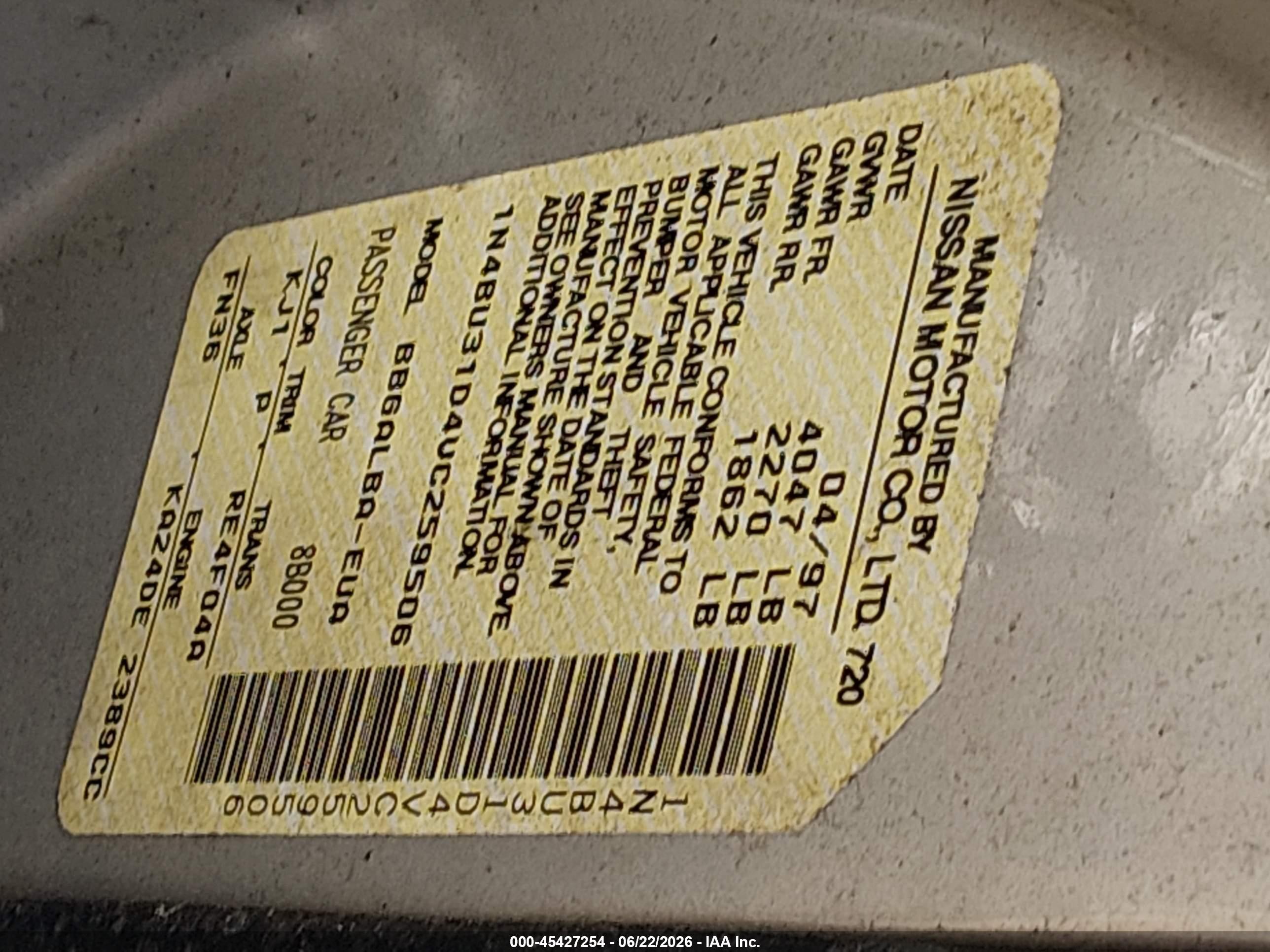 1997 Nissan Altima Gle/gxe/se/xe Brown vin: 1N4BU31D4VC259506