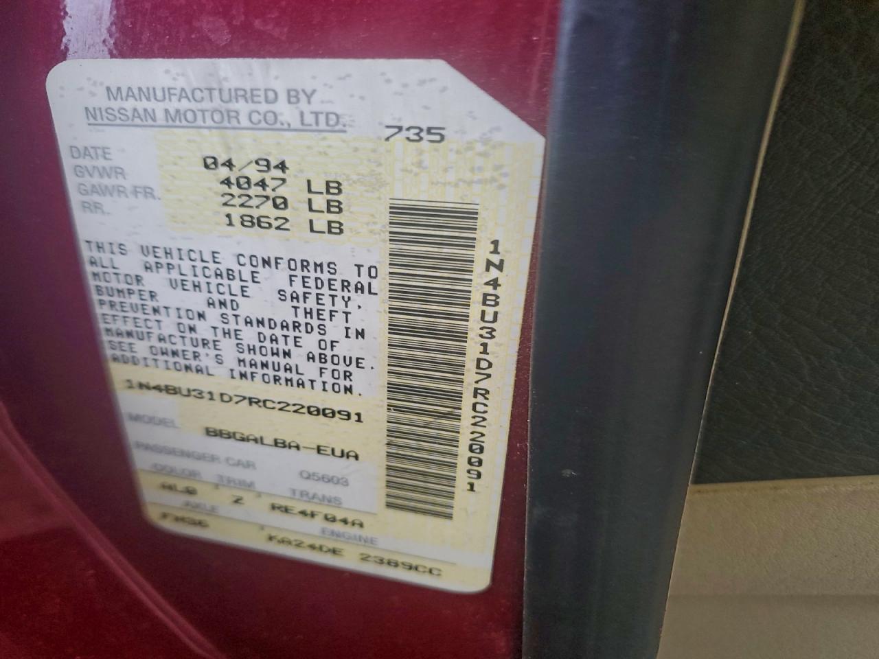 1994 Nissan Altima Xe Burgundy vin: 1N4BU31D7RC220091