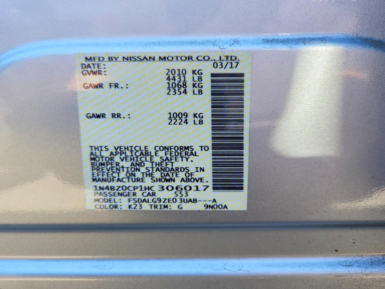 2017 Nissan Leaf Sl Silver vin: 1N4BZ0CP1HC306017