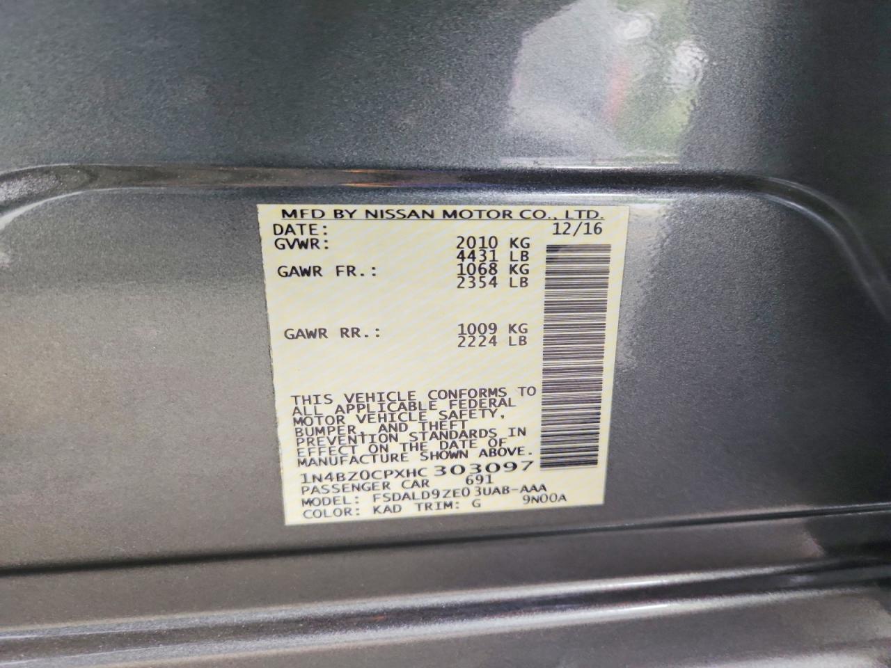 2017 Nissan Leaf Sv Gray vin: 1N4BZ0CPXHC303097