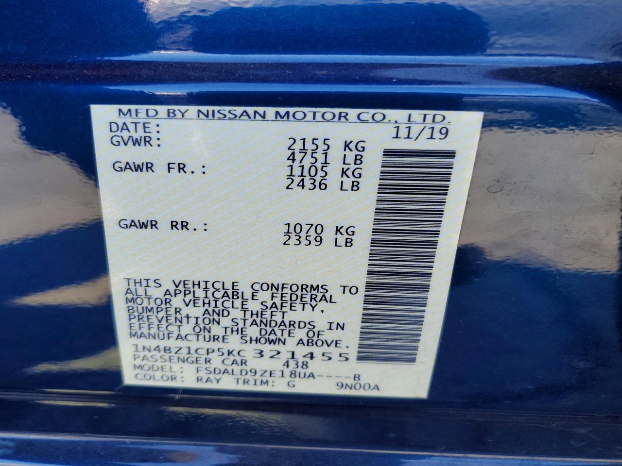 2019 Nissan Leaf Sv Plus Blue vin: 1N4BZ1CP5KC321455