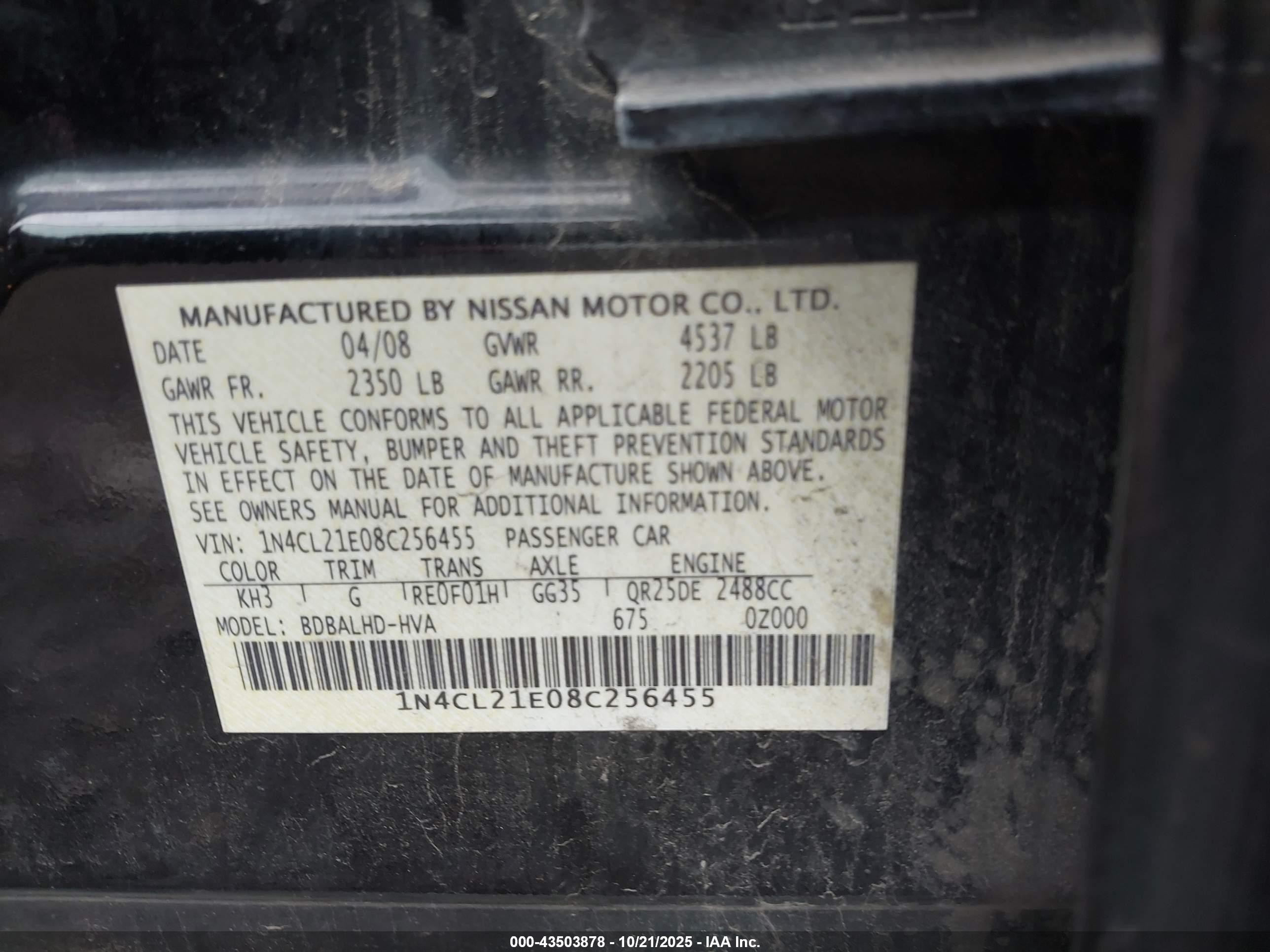 2008 Nissan Altima Hybrid   Black vin: 1N4CL21E08C256455