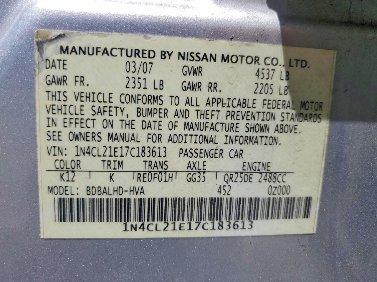 2007 Nissan Altima Hybrid Silver vin: 1N4CL21E17C183613