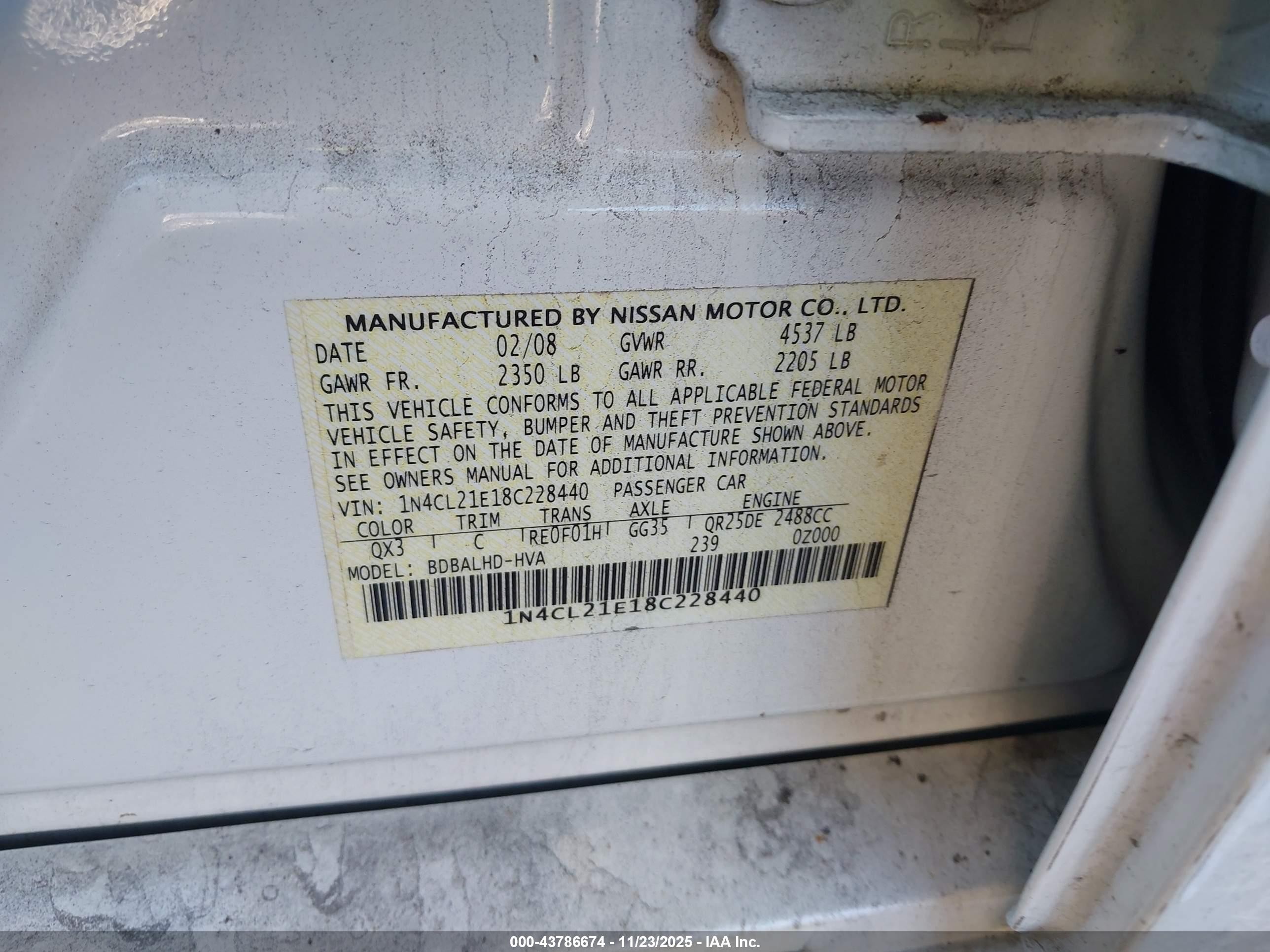 2008 Nissan Altima Hybrid   White vin: 1N4CL21E18C228440