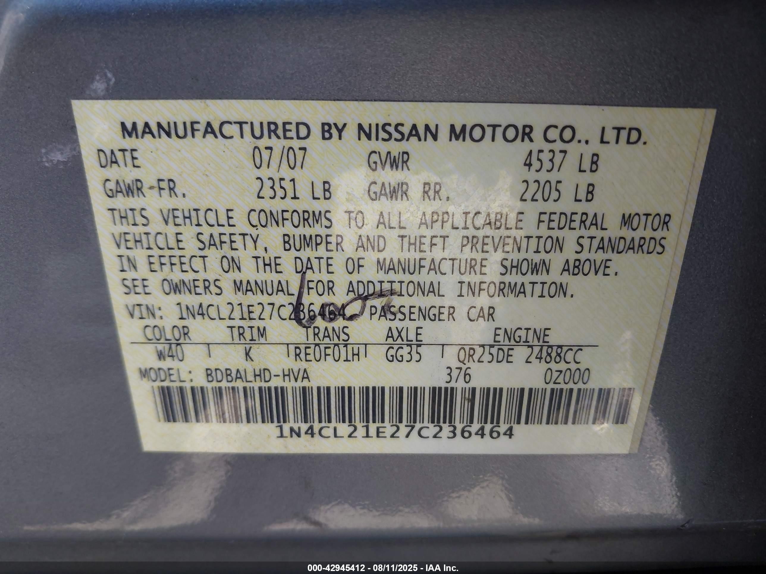 2007 Nissan Altima Hybrid   Серый vin: 1N4CL21E27C236464