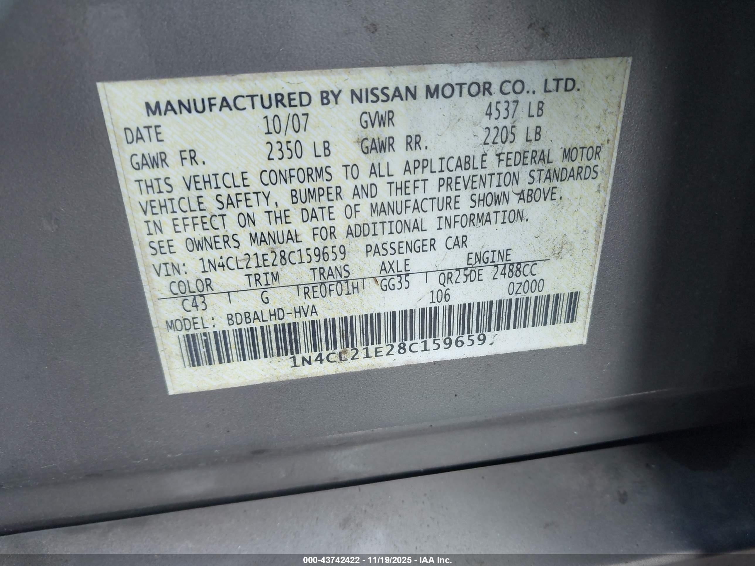 2008 Nissan Altima Hybrid   Gray vin: 1N4CL21E28C159659