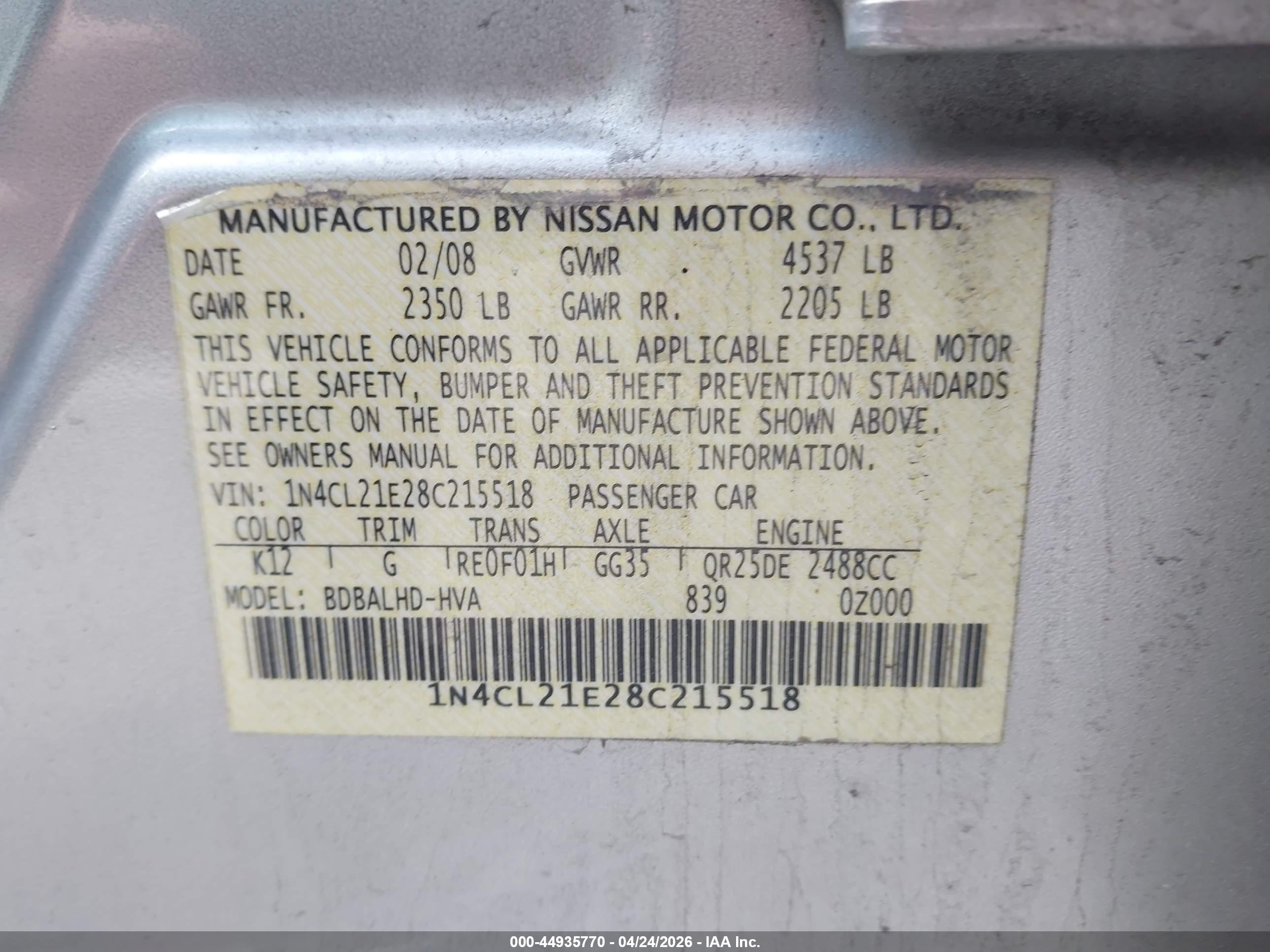 2008 Nissan Altima Hybrid   Silver vin: 1N4CL21E28C215518