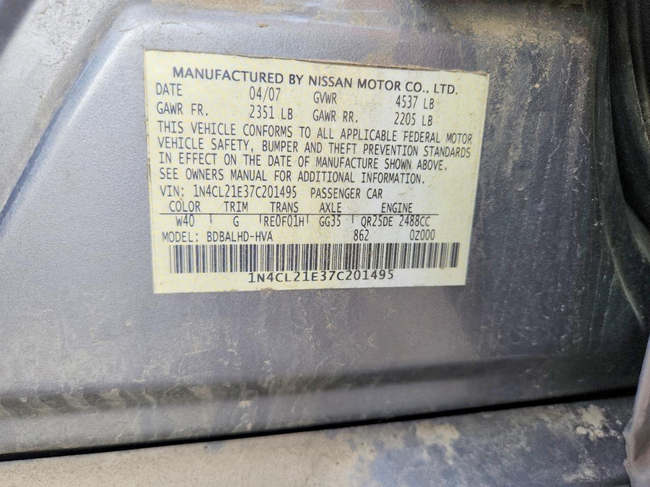 2007 Nissan Altima Hybrid Silver vin: 1N4CL21E37C201495
