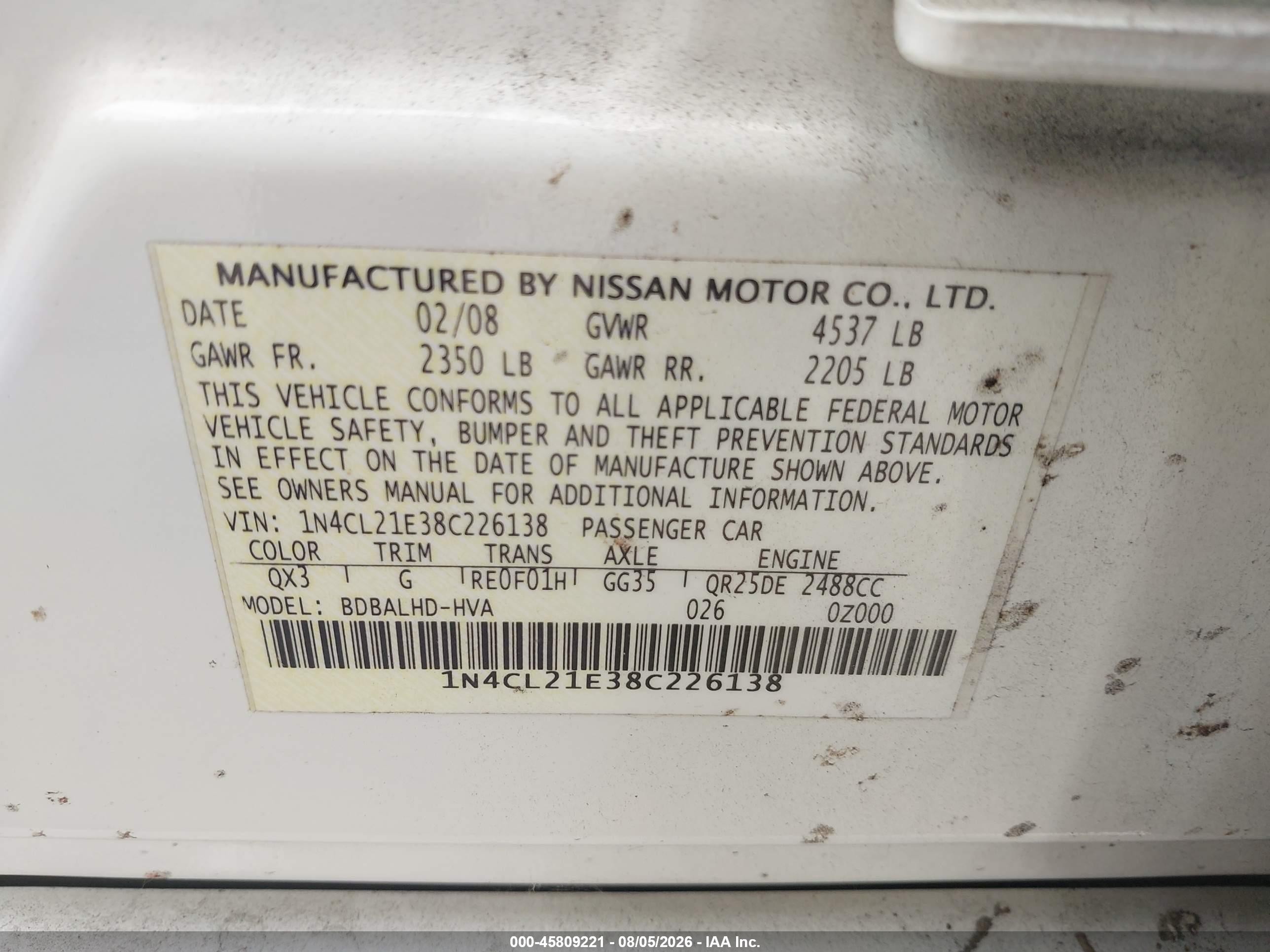2008 Nissan Altima Hybrid   Белый vin: 1N4CL21E38C226138