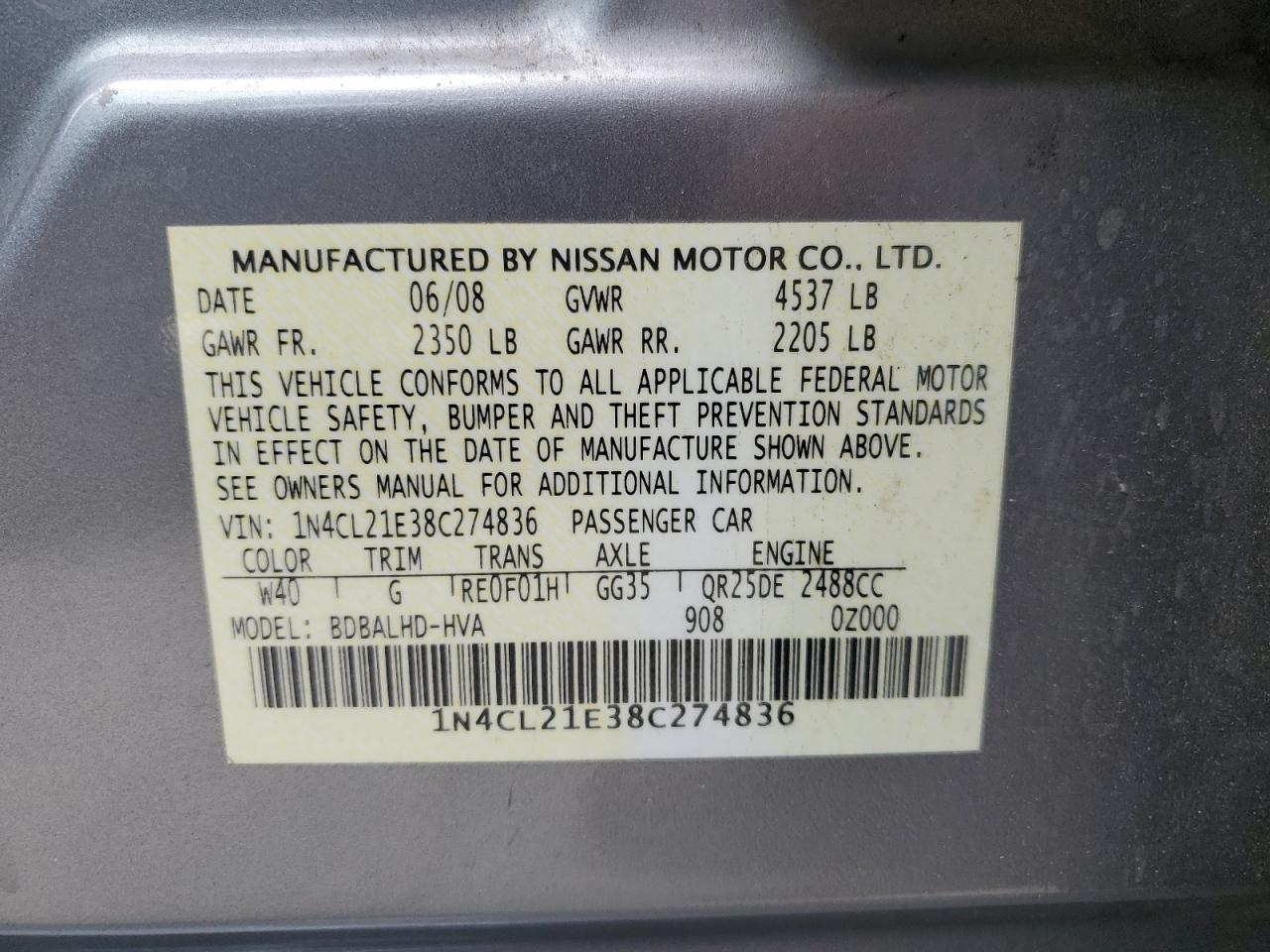 2008 Nissan Altima Hybrid Gray vin: 1N4CL21E38C274836