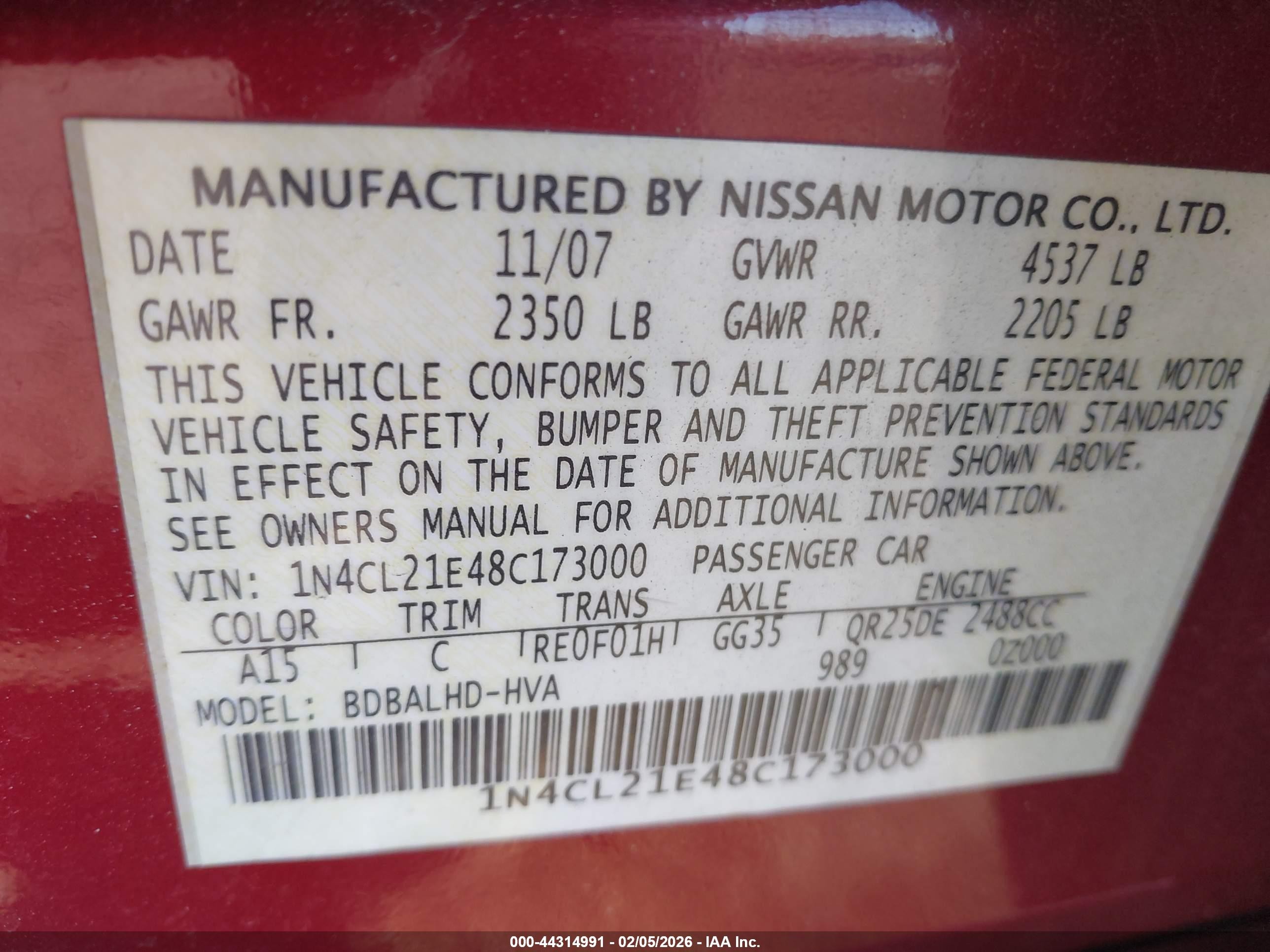 2008 Nissan Altima Hybrid   Red vin: 1N4CL21E48C173000