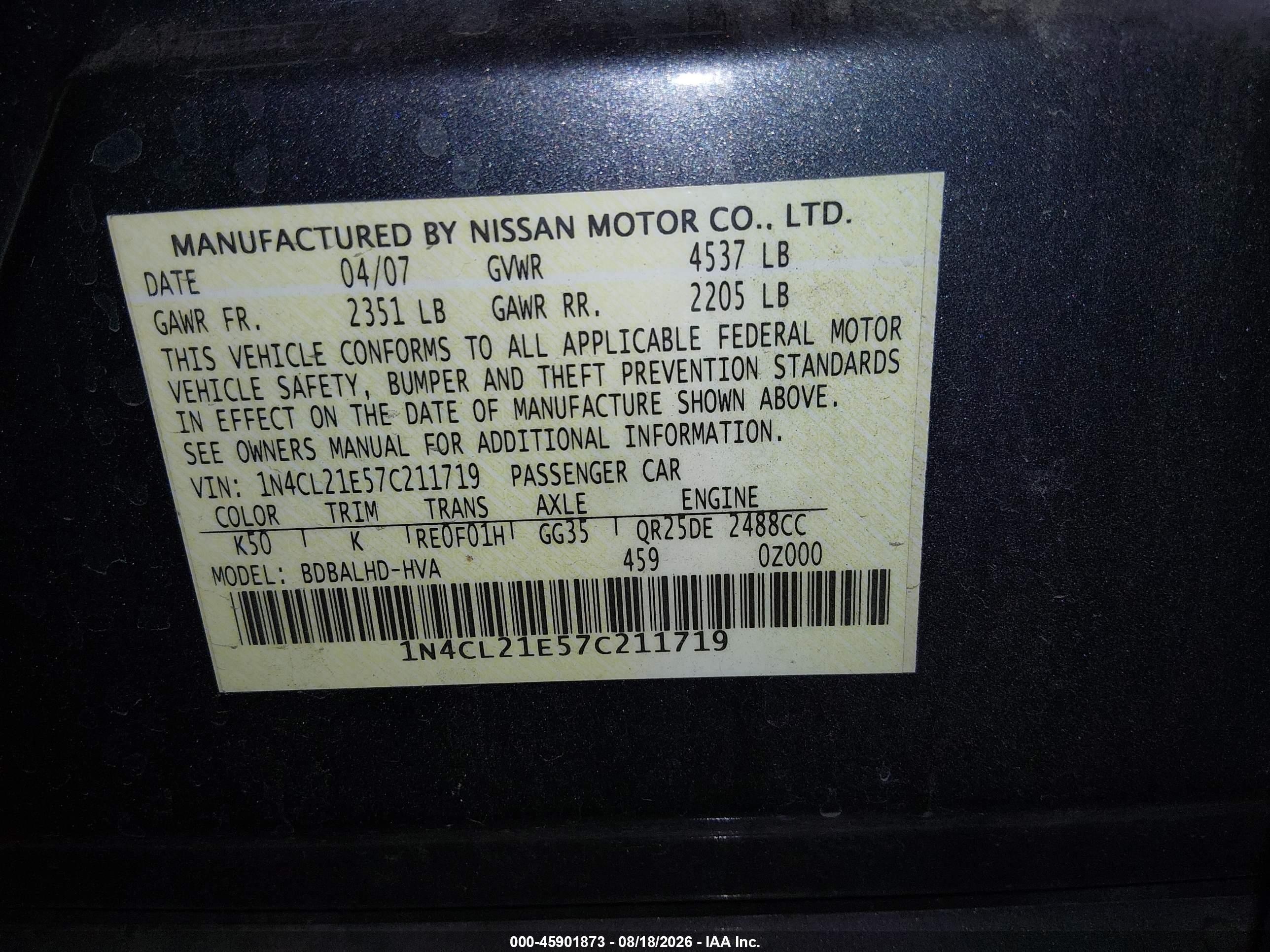 2007 Nissan Altima Hybrid   Gray vin: 1N4CL21E57C211719