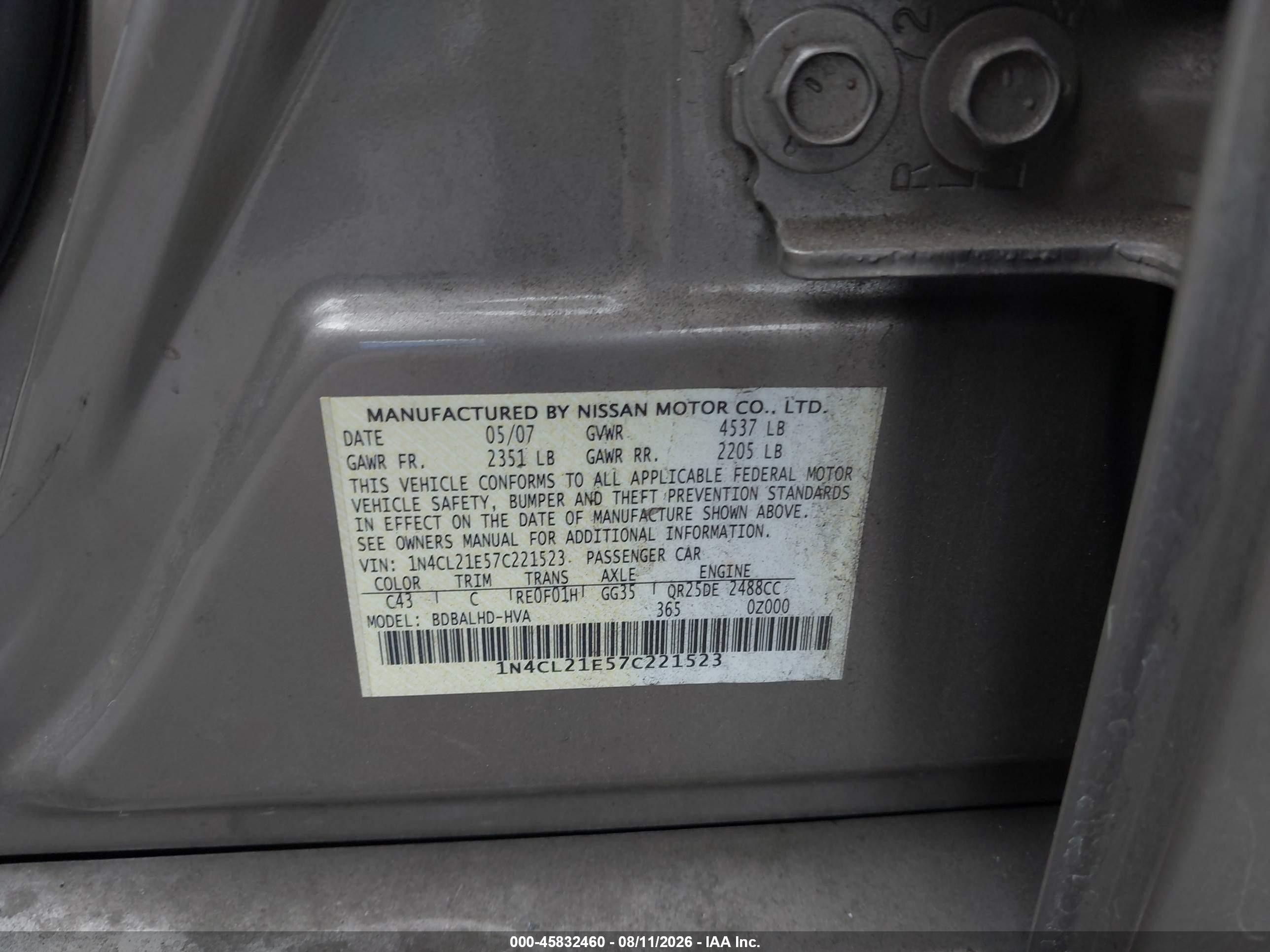 2007 Nissan Altima Hybrid   Gold vin: 1N4CL21E57C221523