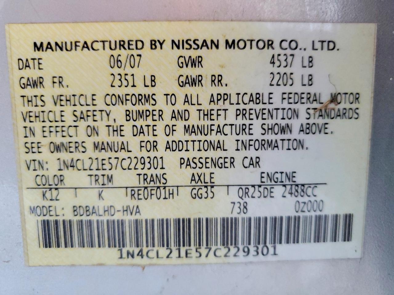 2007 Nissan Altima Hybrid Silver vin: 1N4CL21E57C229301