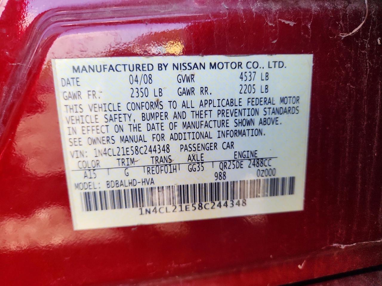 2008 Nissan Altima Hybrid Base Red vin: 1N4CL21E58C244348