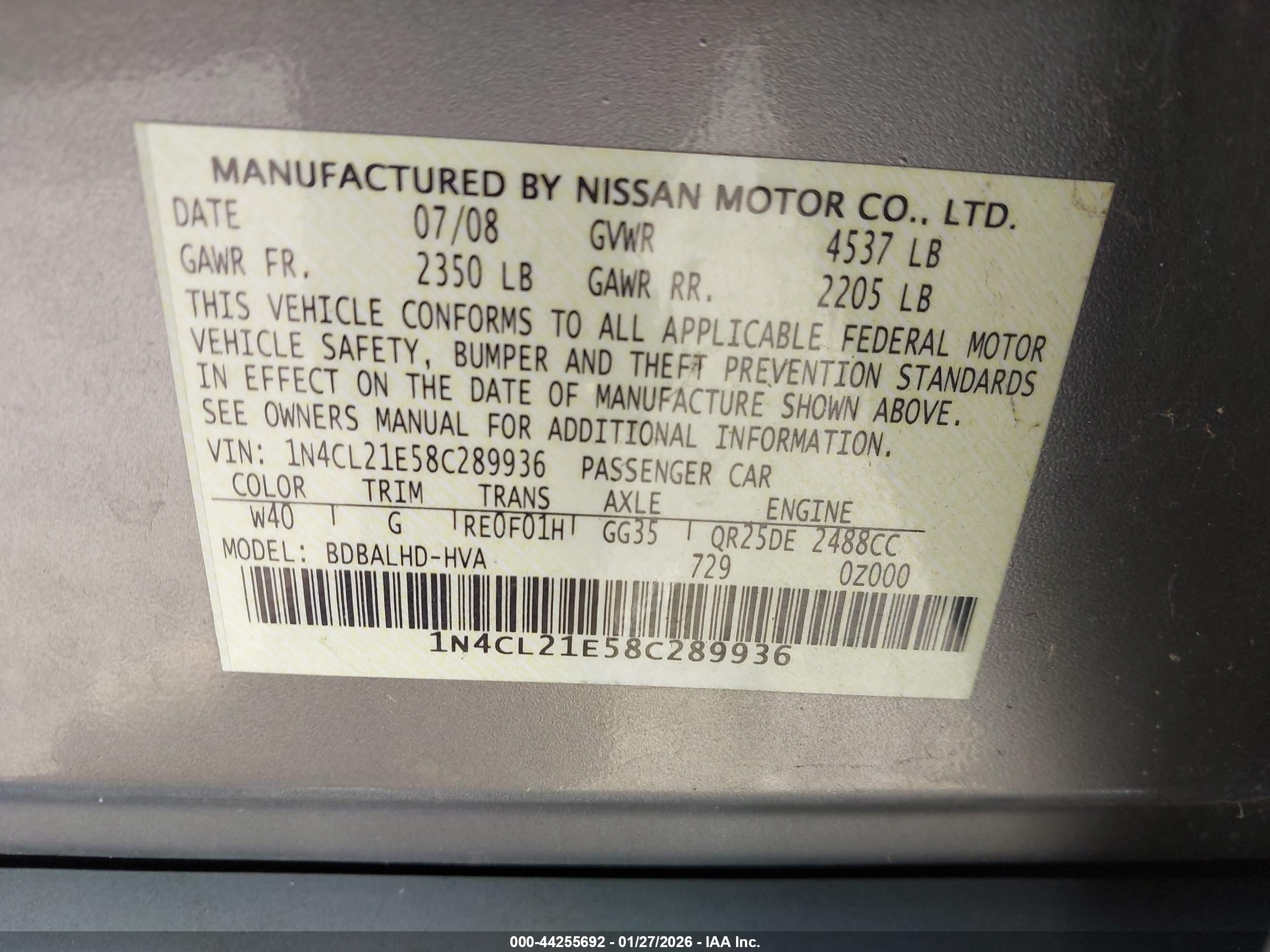 2008 Nissan Altima Hybrid   Gray vin: 1N4CL21E58C289936