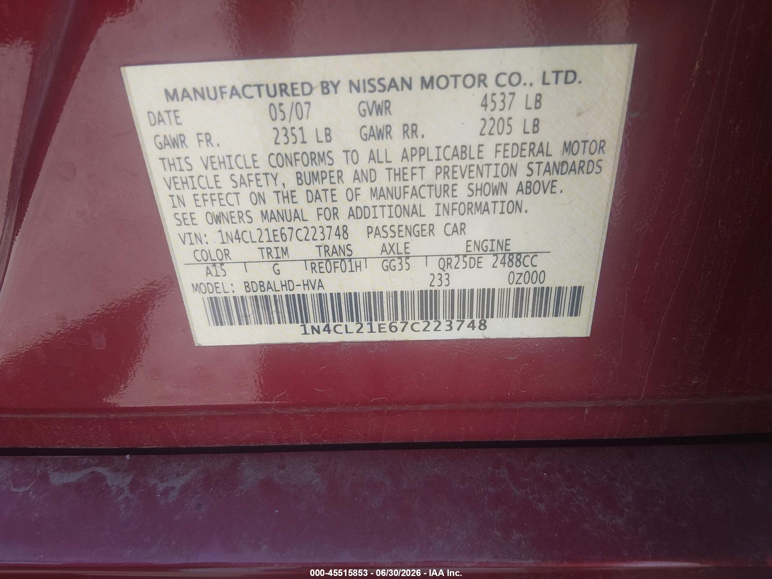 2007 Nissan Altima Hybrid   Красный vin: 1N4CL21E67C223748