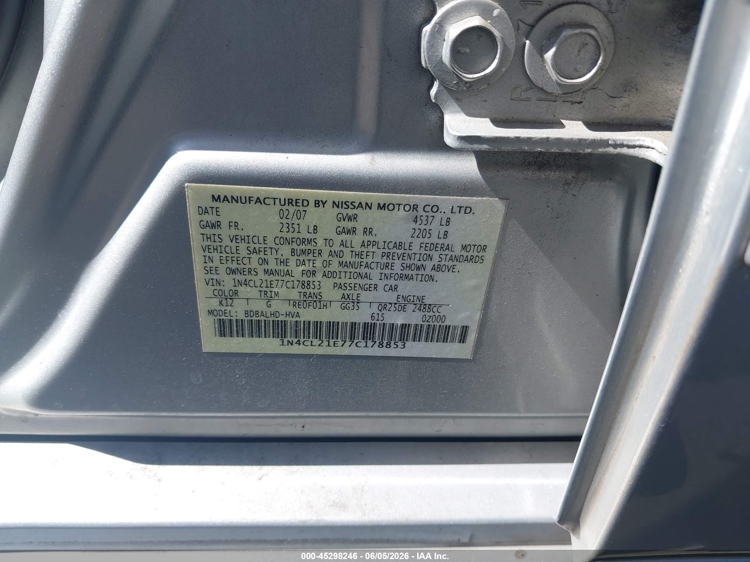 2007 Nissan Altima Hybrid   Silver vin: 1N4CL21E77C178853