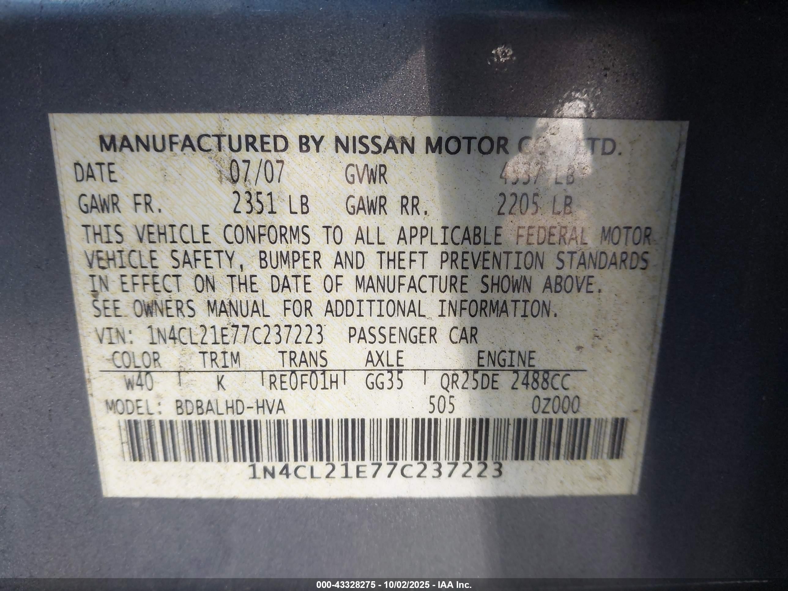 2007 Nissan Altima Hybrid   Silver vin: 1N4CL21E77C237223