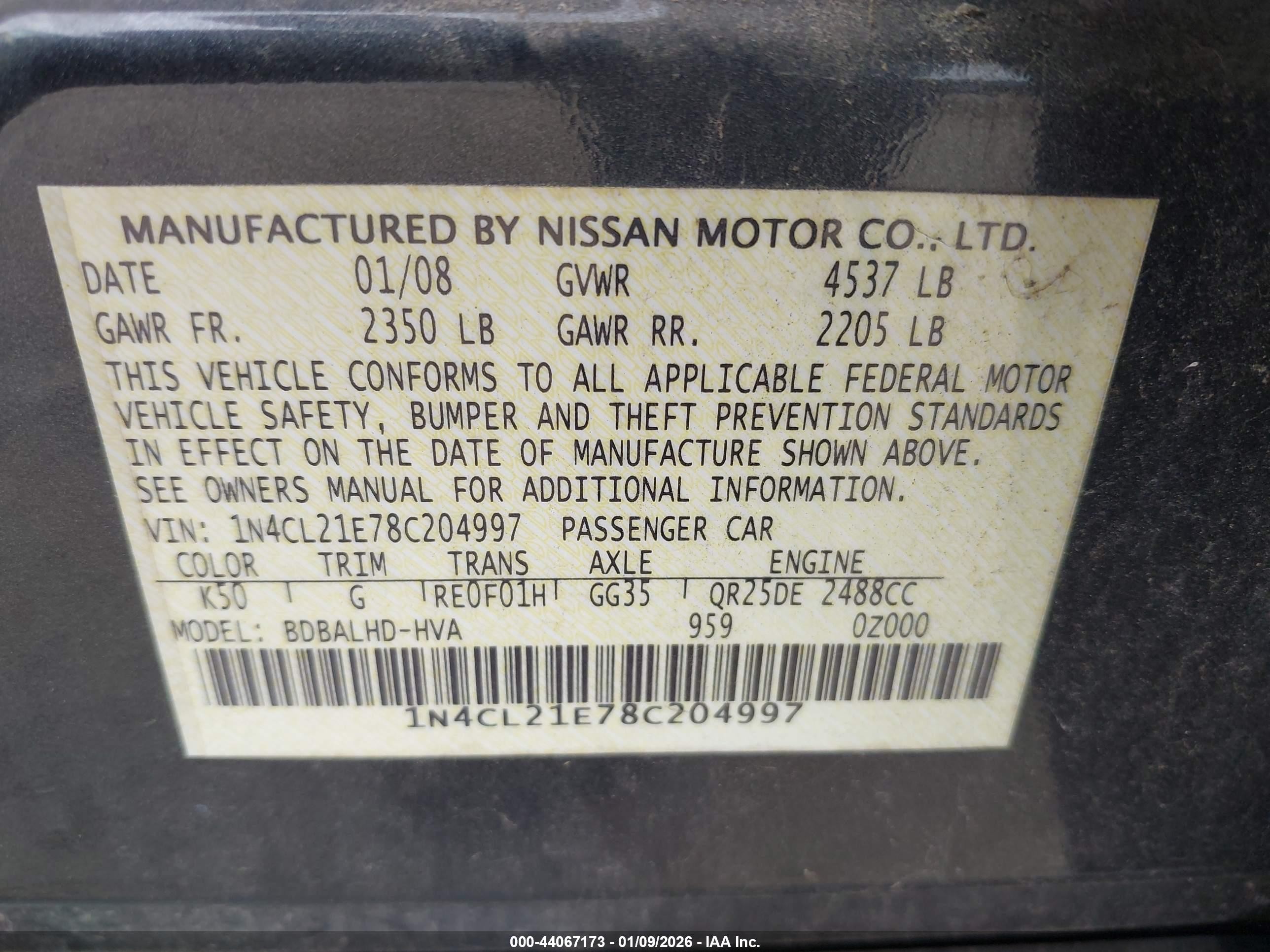 2008 Nissan Altima Hybrid   Gray vin: 1N4CL21E78C204997
