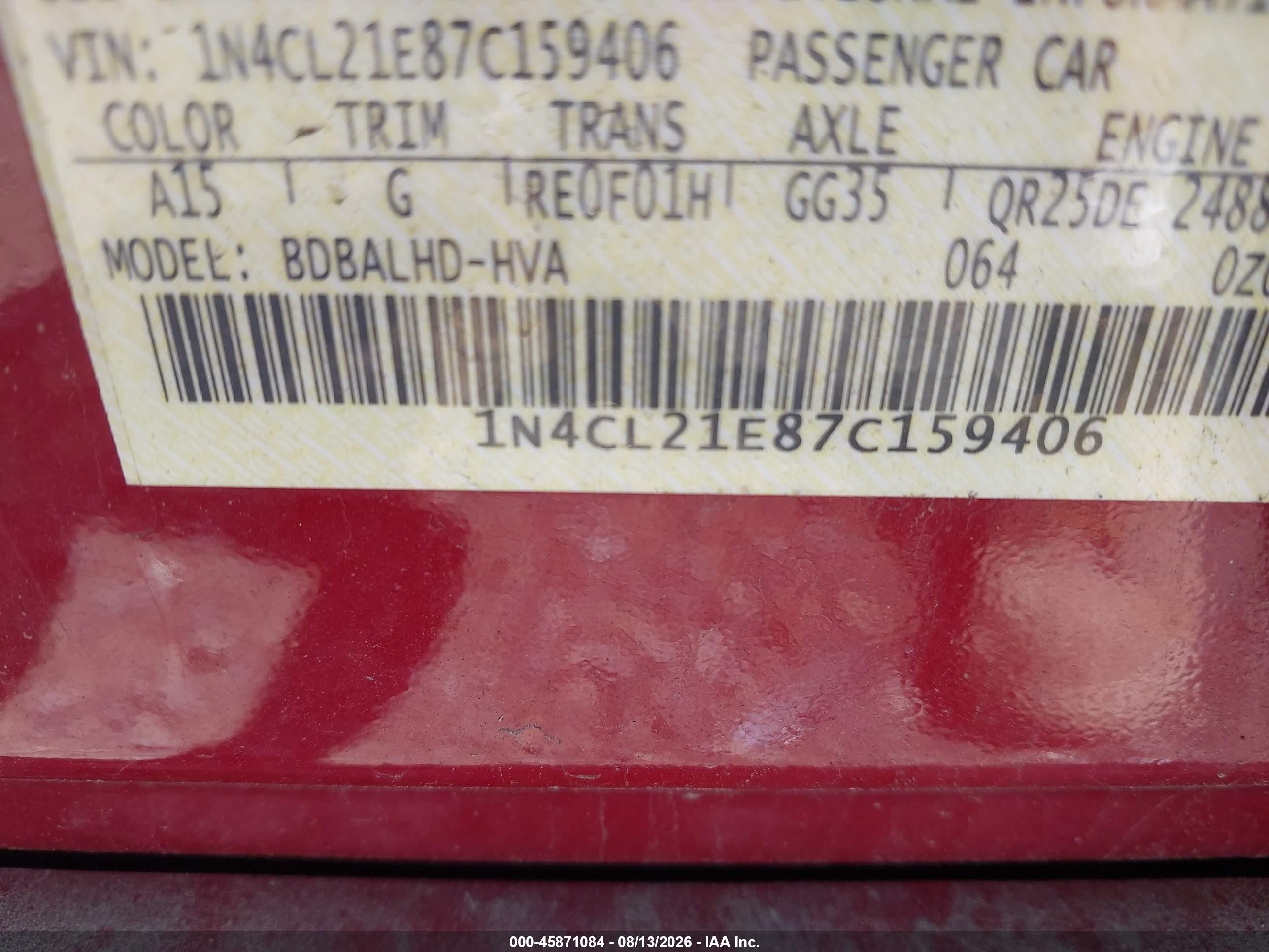 2007 Nissan Altima Hybrid Red vin: 1N4CL21E87C159406