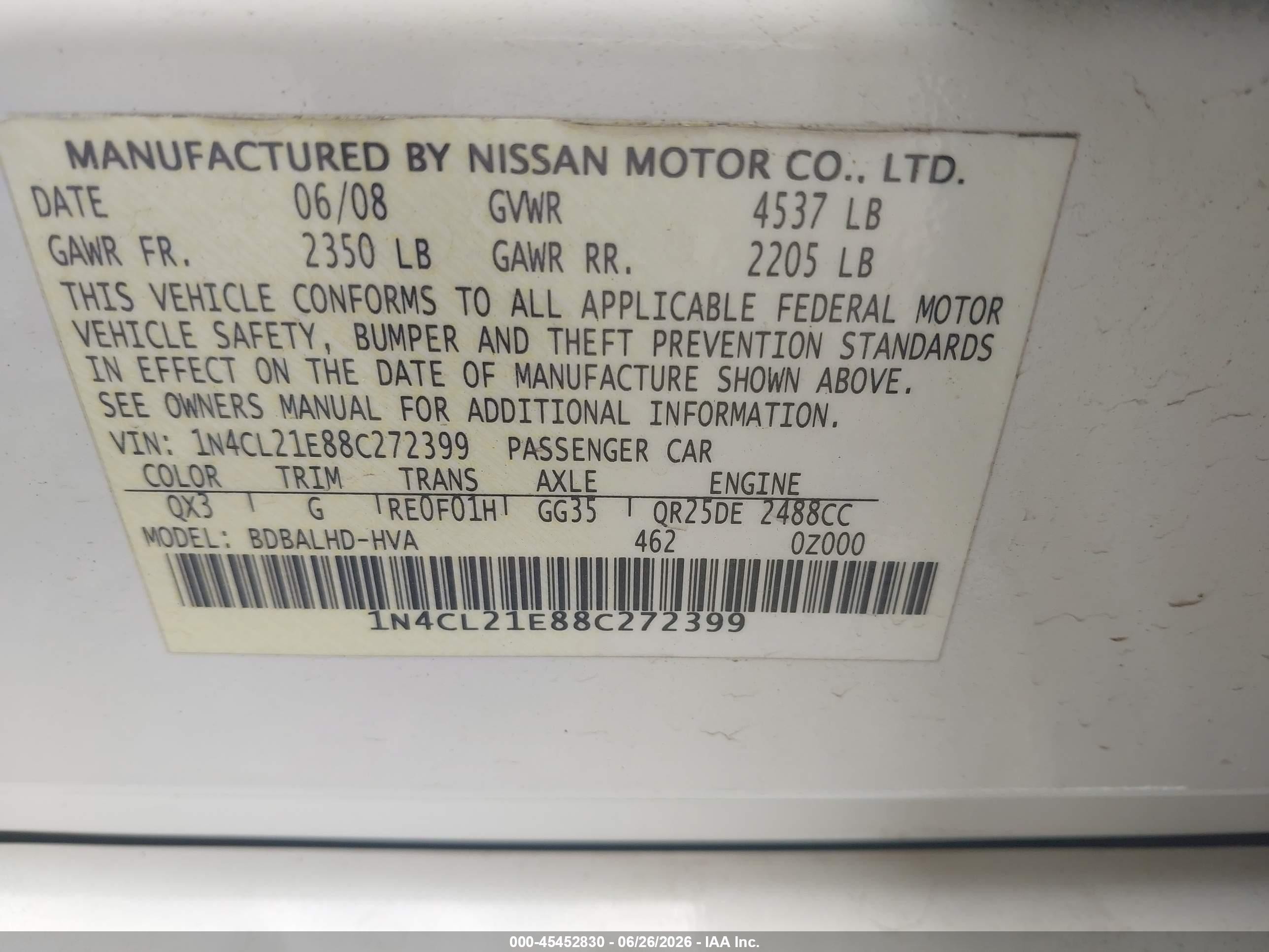 2008 Nissan Altima Hybrid   White vin: 1N4CL21E88C272399