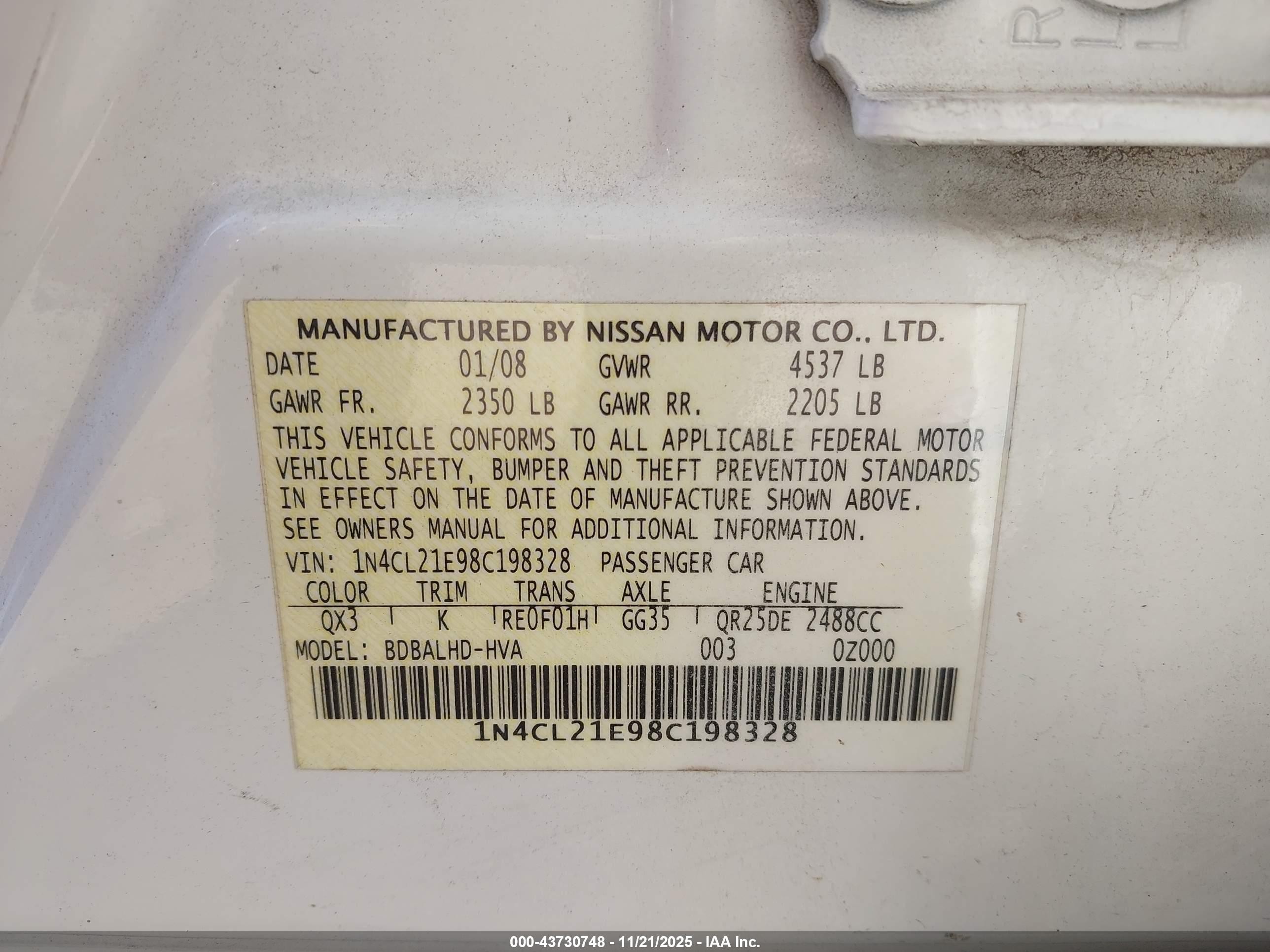 2008 Nissan Altima Hybrid   White vin: 1N4CL21E98C198328