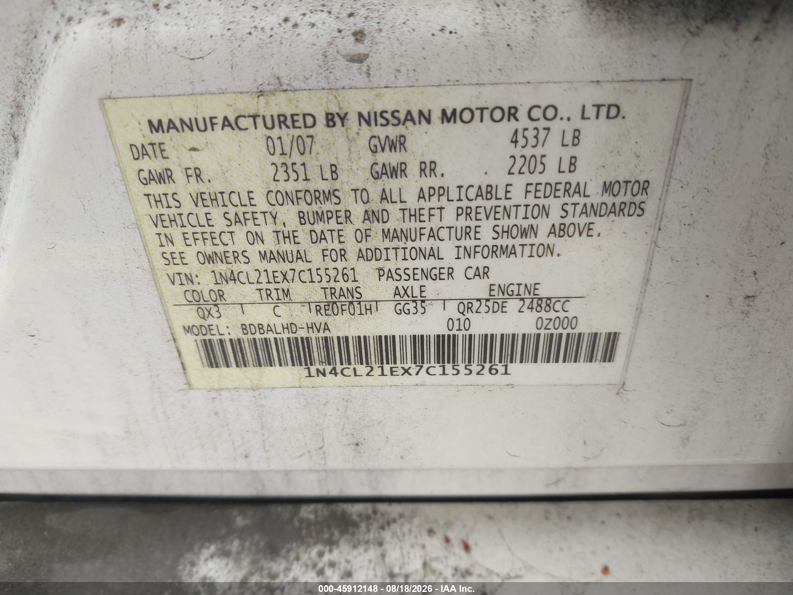 2007 Nissan Altima Hybrid Белый vin: 1N4CL21EX7C155261
