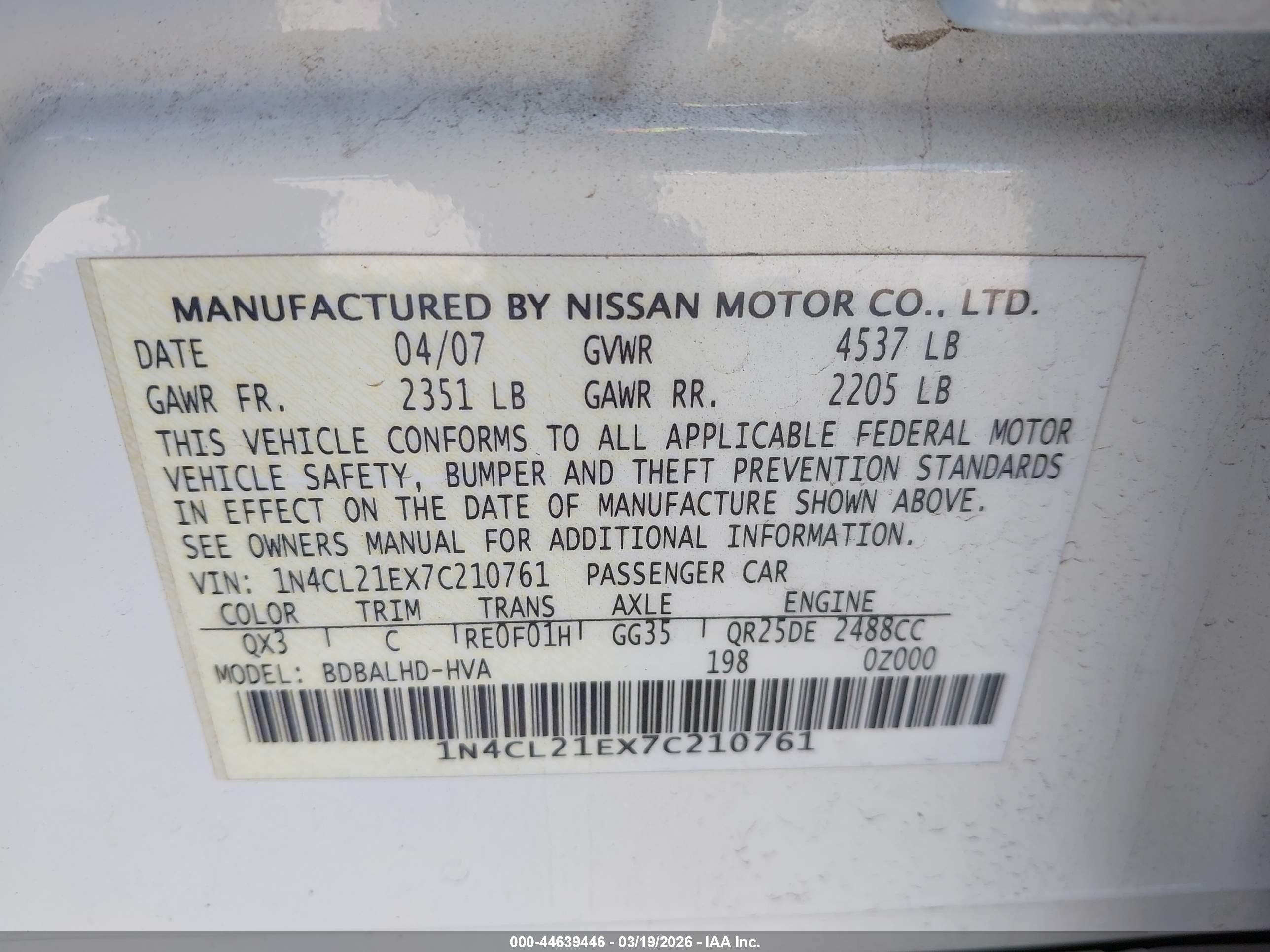 2007 Nissan Altima Hybrid   White vin: 1N4CL21EX7C210761