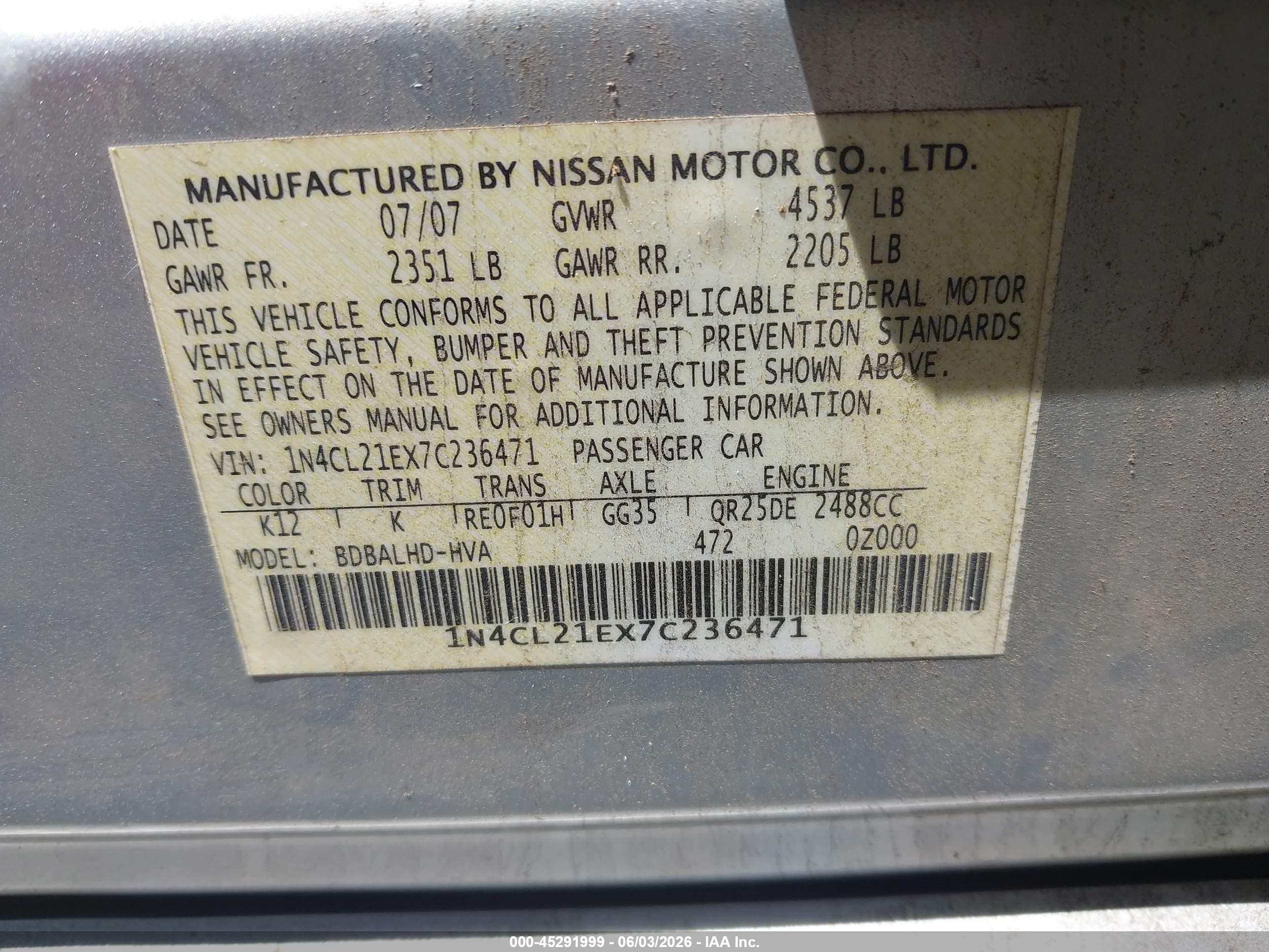 2007 Nissan Altima Hybrid   Silver vin: 1N4CL21EX7C236471
