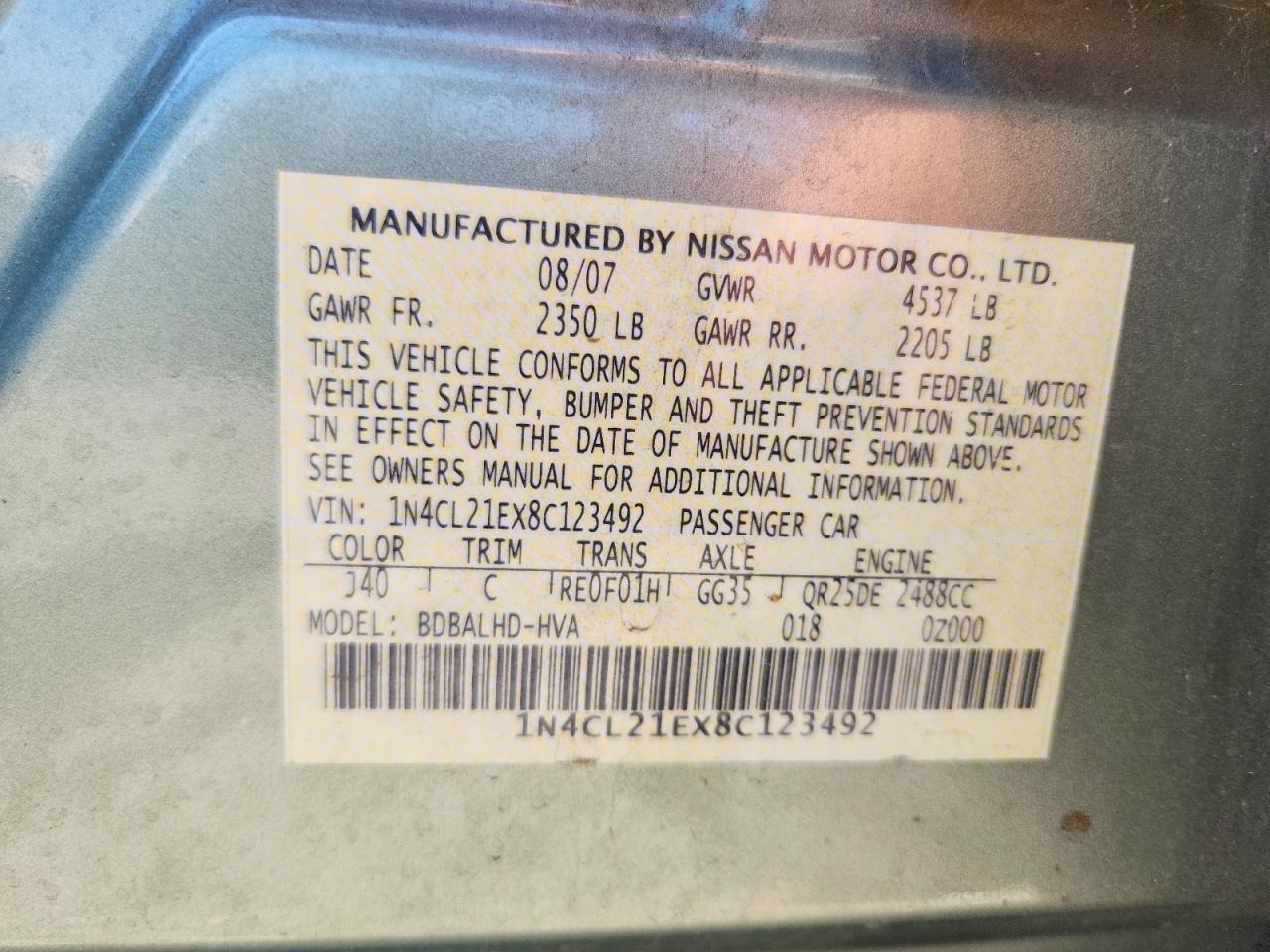 2008 Nissan Altima Hybrid Green vin: 1N4CL21EX8C123492