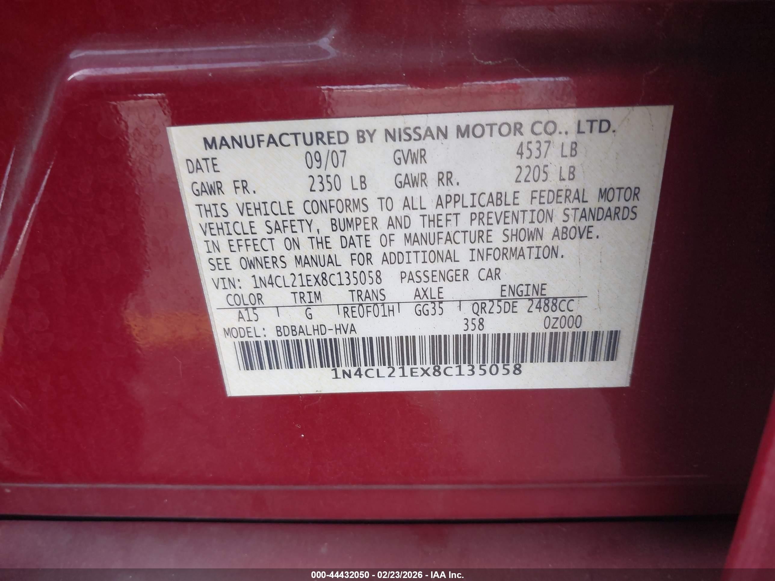 2008 Nissan Altima Hybrid   Red vin: 1N4CL21EX8C135058
