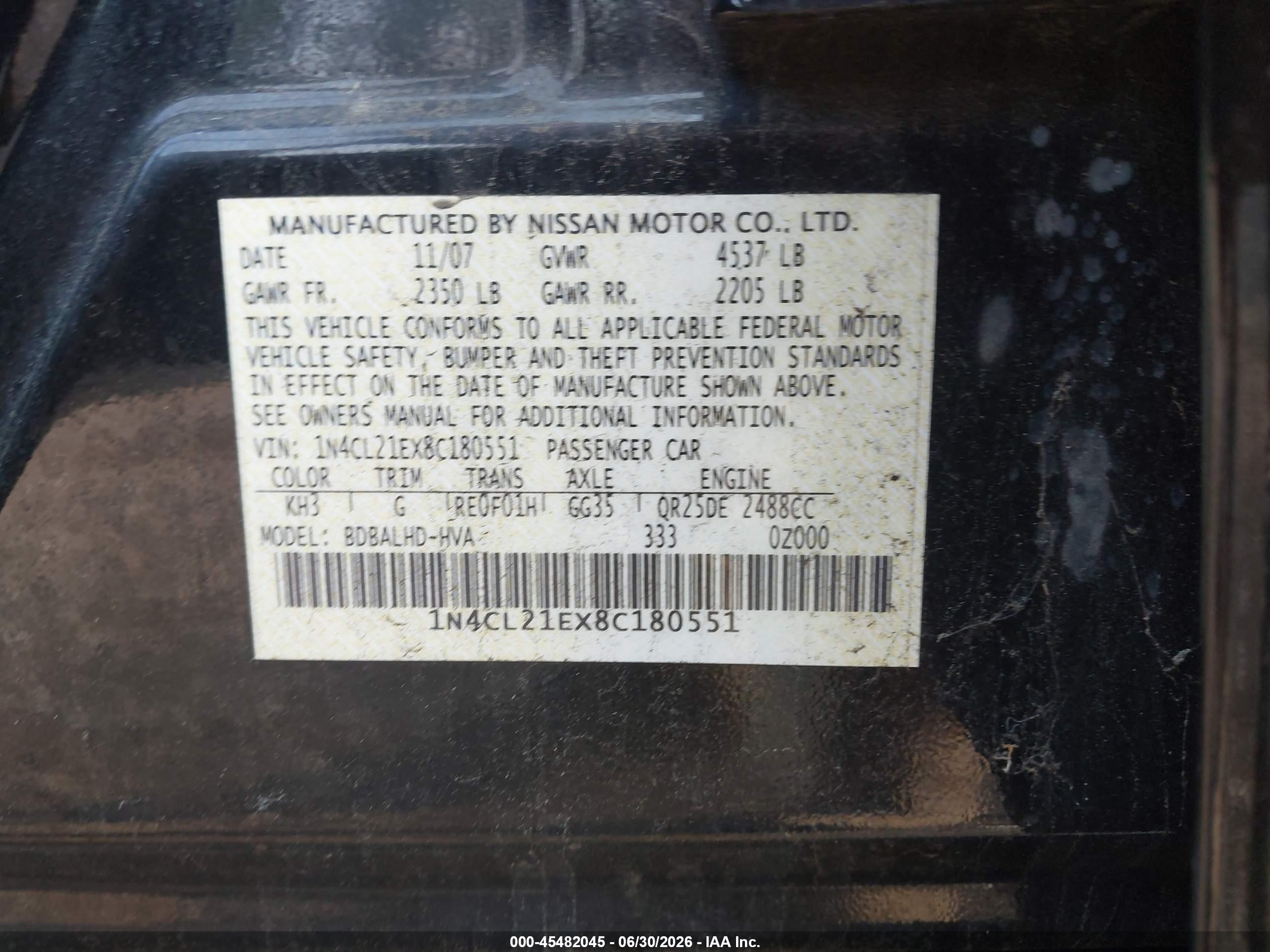 2008 Nissan Altima Hybrid   Black vin: 1N4CL21EX8C180551