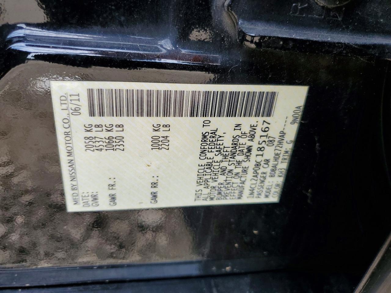 2011 Nissan Altima Hybrid Black vin: 1N4CL2AP0BC185167