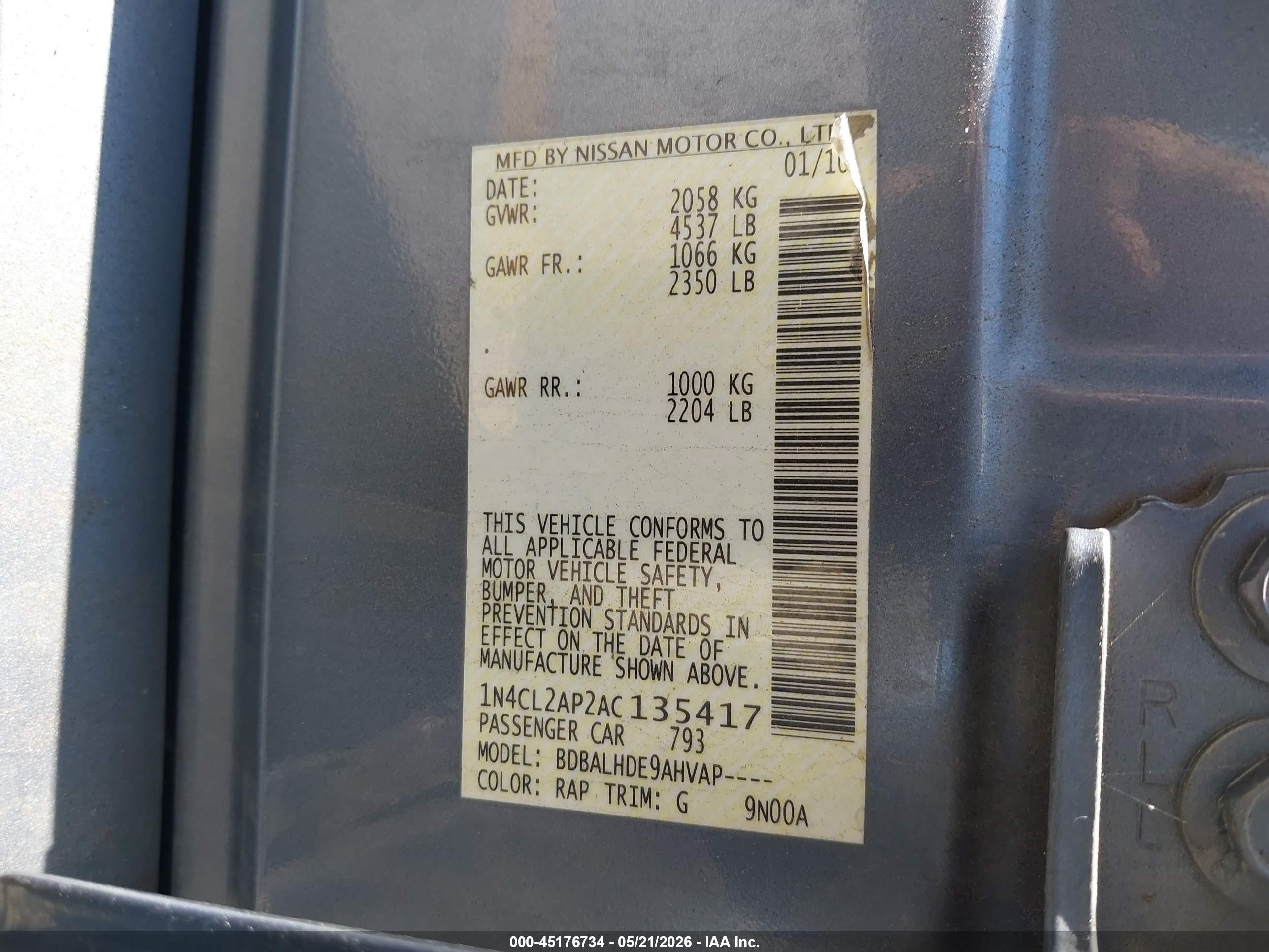 2010 Nissan Altima Hybrid   Blue vin: 1N4CL2AP2AC135417