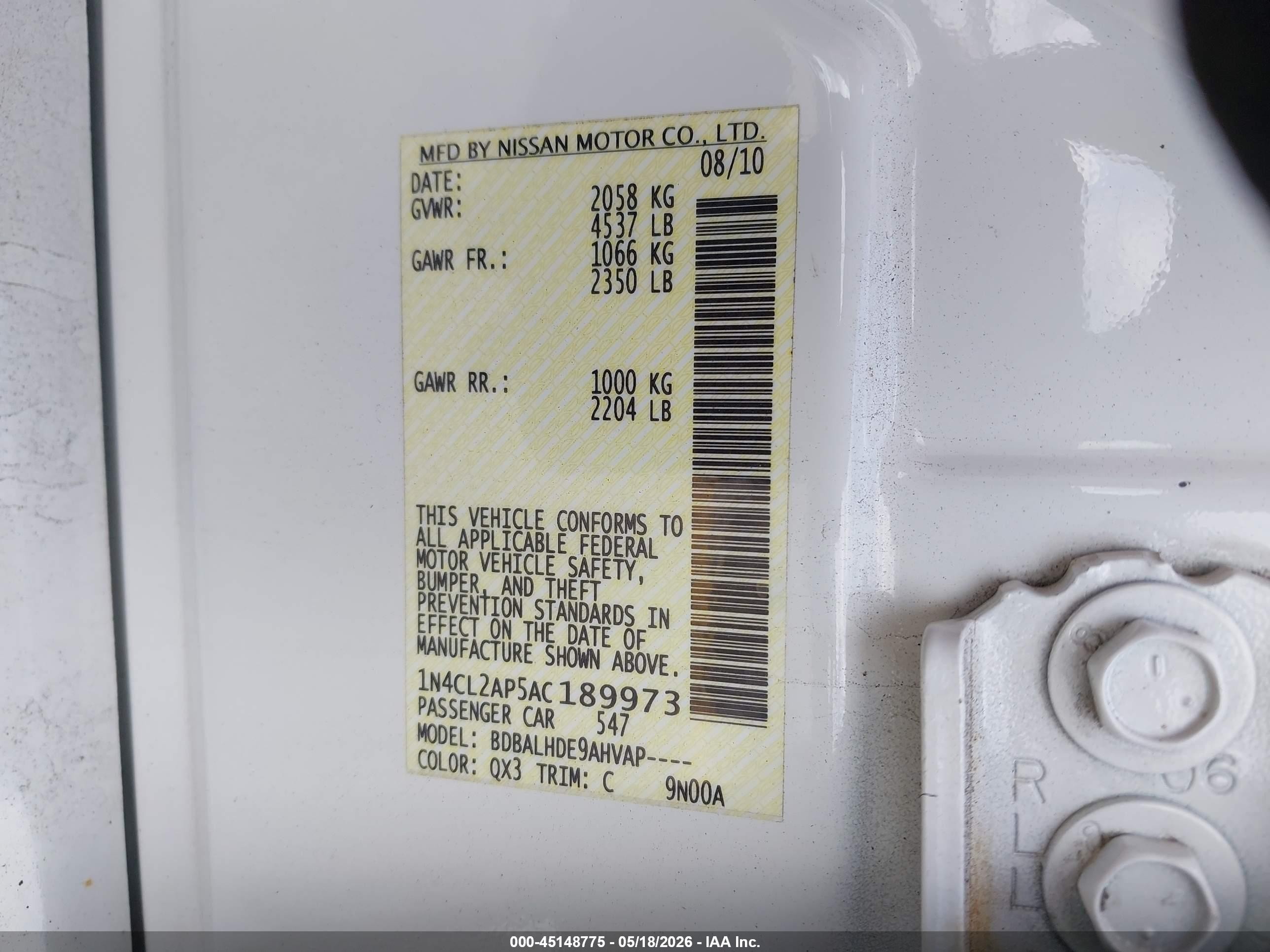 2010 Nissan Altima Hybrid   White vin: 1N4CL2AP5AC189973