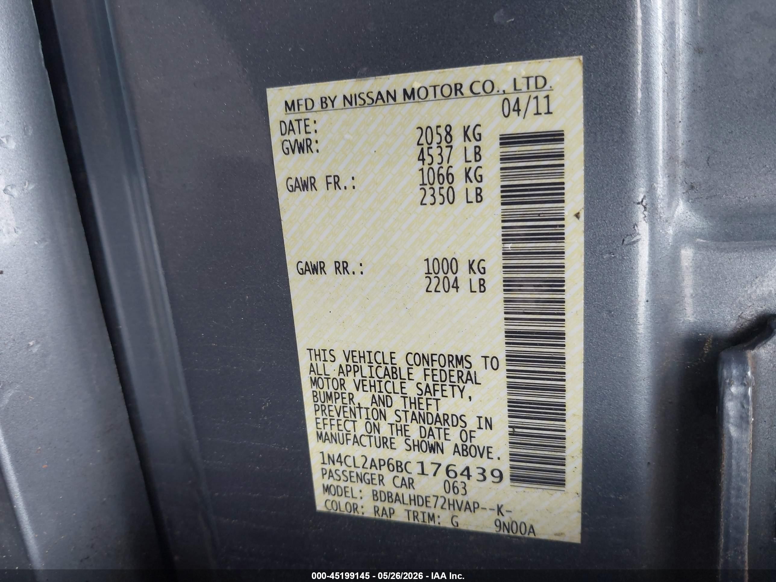 2011 Nissan Altima Hybrid   Light Blue vin: 1N4CL2AP6BC176439