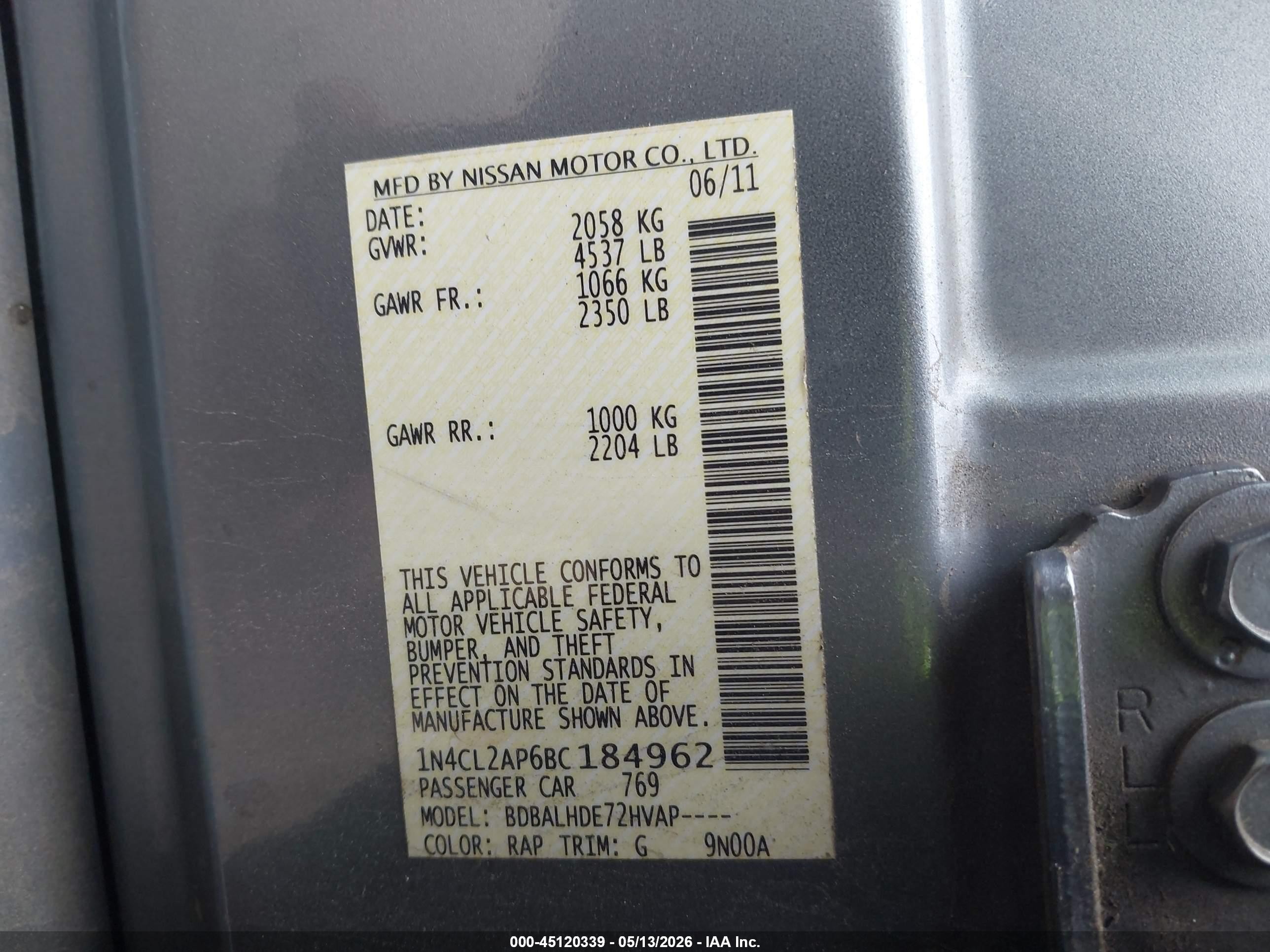 2011 Nissan Altima Hybrid   Light Blue vin: 1N4CL2AP6BC184962