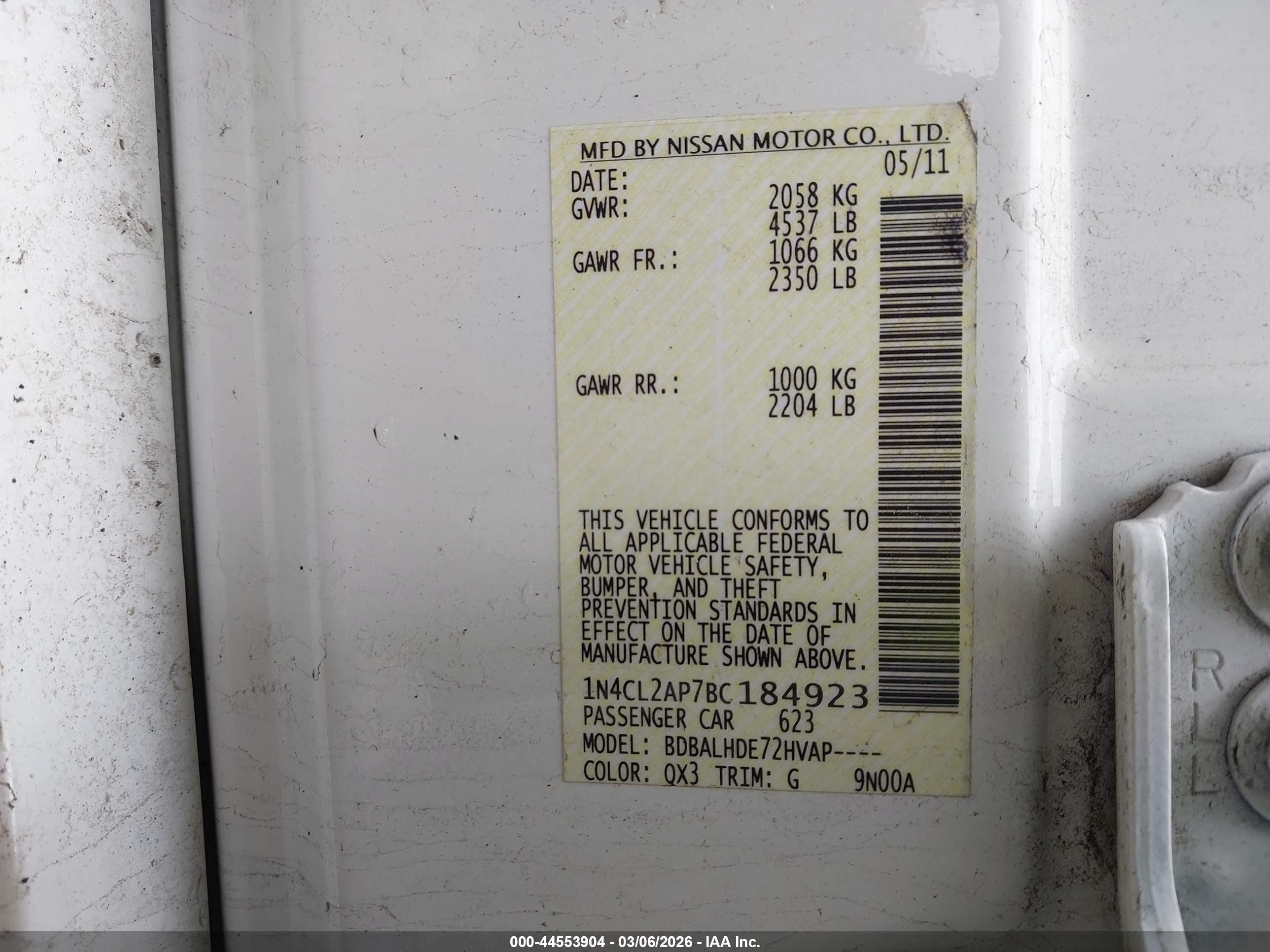 2011 Nissan Altima Hybrid   White vin: 1N4CL2AP7BC184923