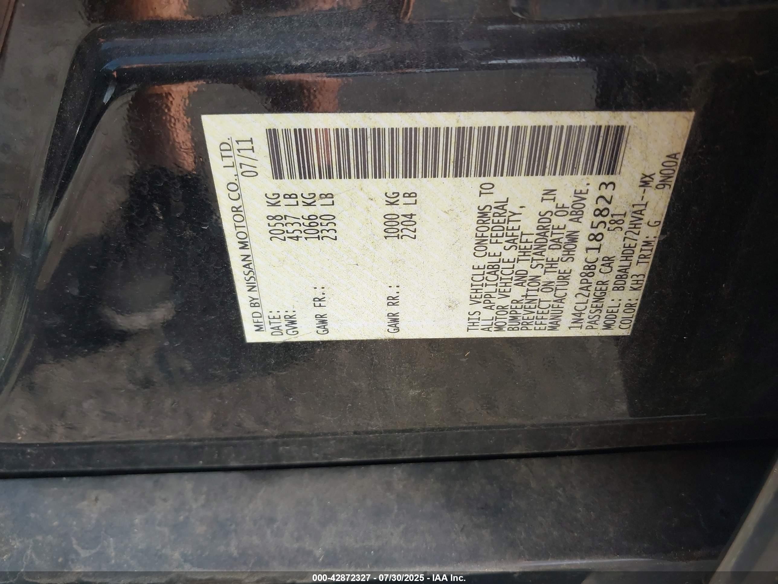 2011 Nissan Altima Hybrid   Black vin: 1N4CL2AP8BC185823