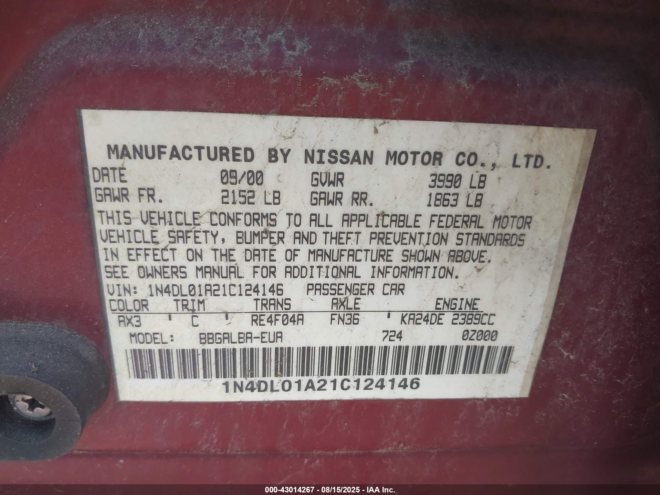 2001 Nissan Altima Gxe Burgundy vin: 1N4DL01A21C124146