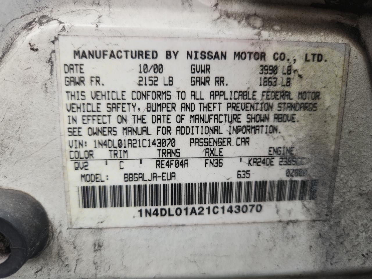 2001 Nissan Altima Gxe White vin: 1N4DL01A21C143070