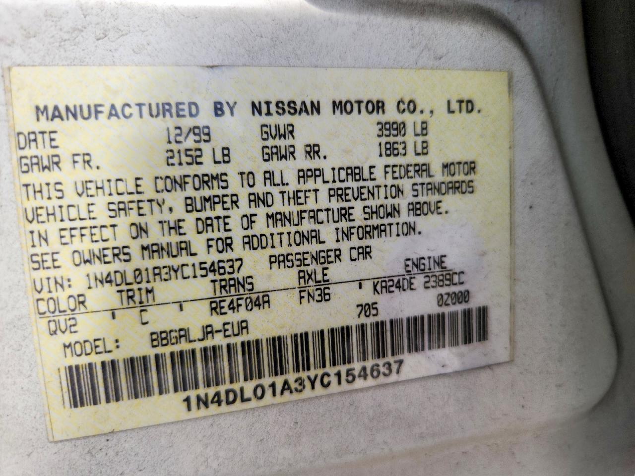 2000 Nissan Altima Gxe White vin: 1N4DL01A3YC154637