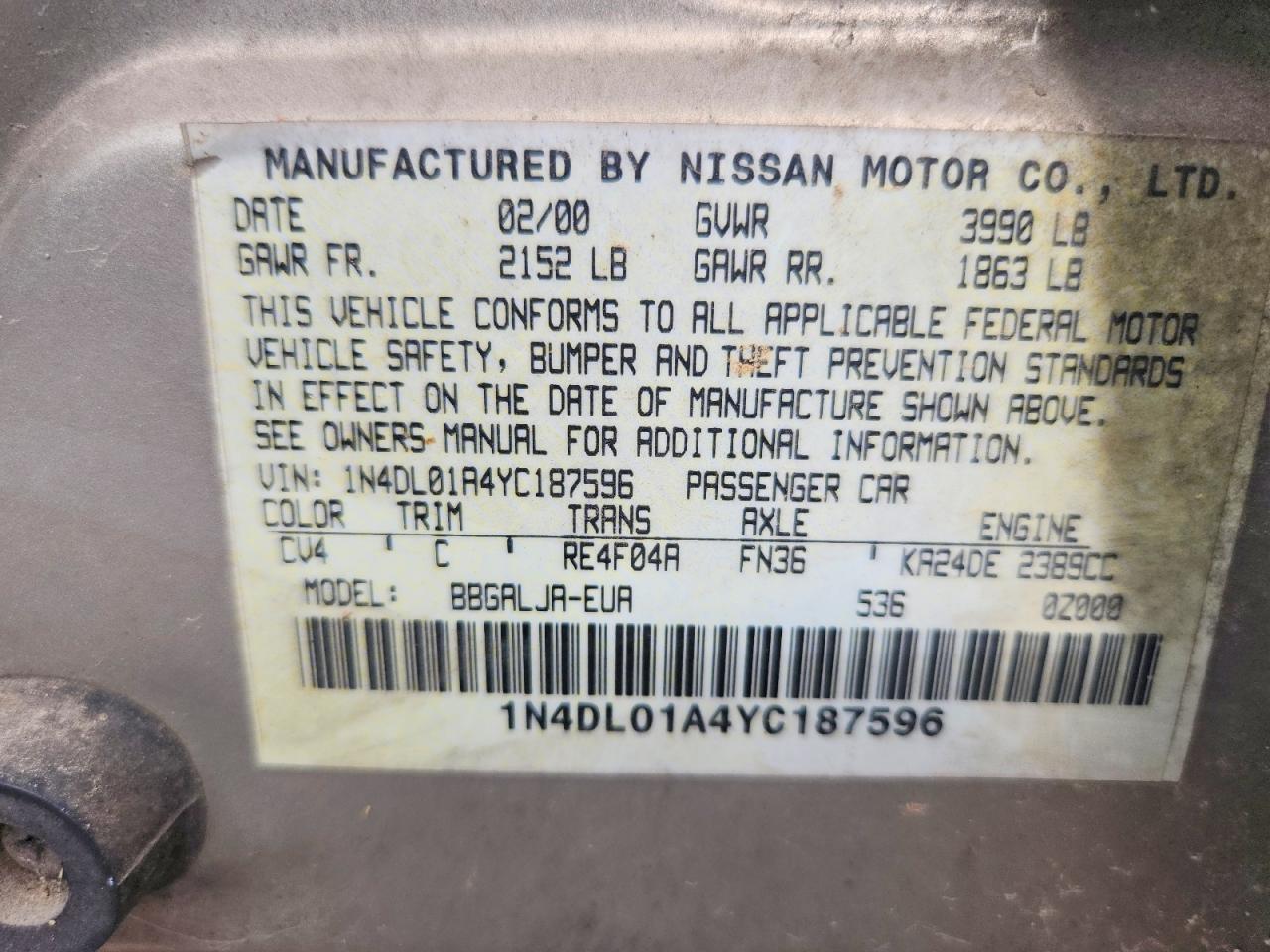 2000 Nissan Altima Tan vin: 1N4DL01A4YC187596