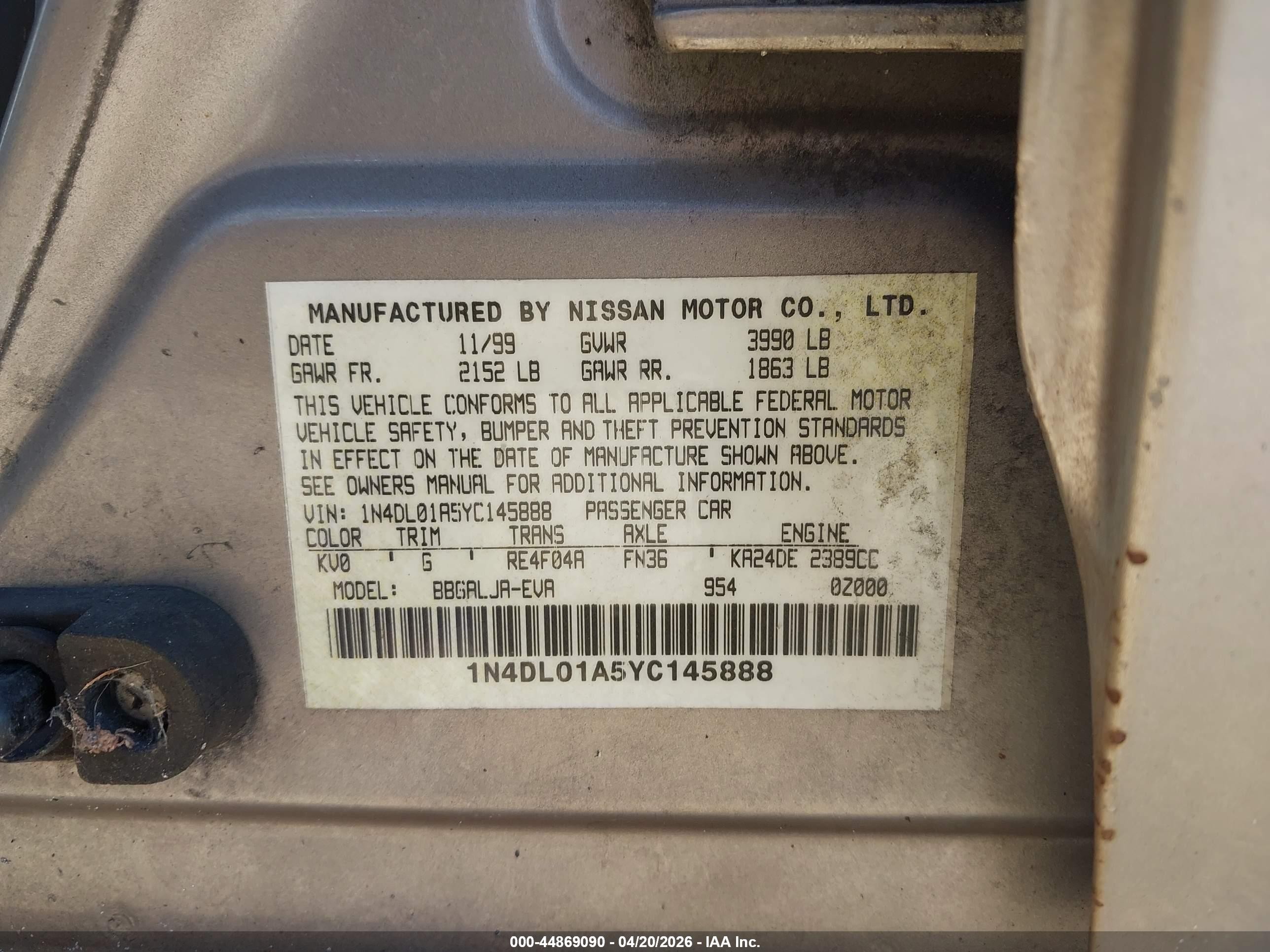 2000 Nissan Altima Gle/gxe/se Silver vin: 1N4DL01A5YC145888