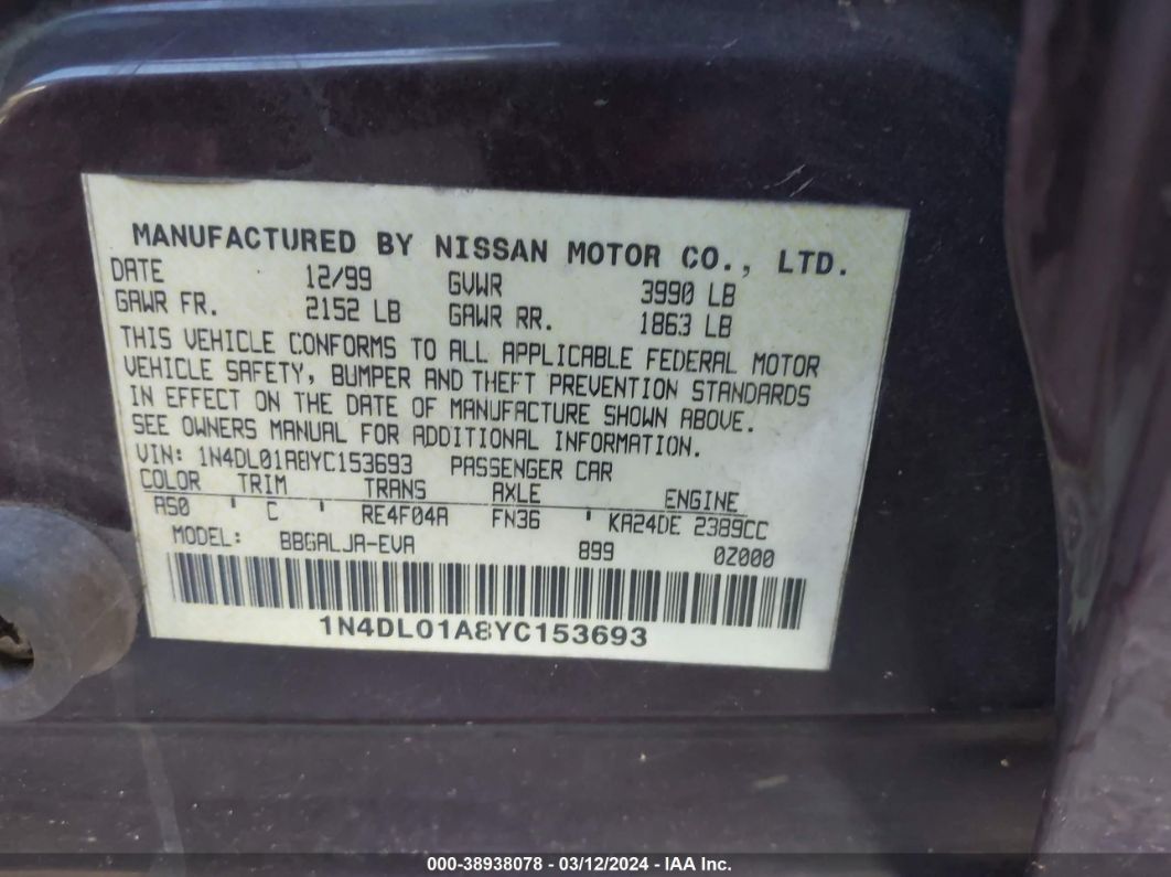 2000 Nissan Altima Gle/gxe/se Purple vin: 1N4DL01A8YC153693