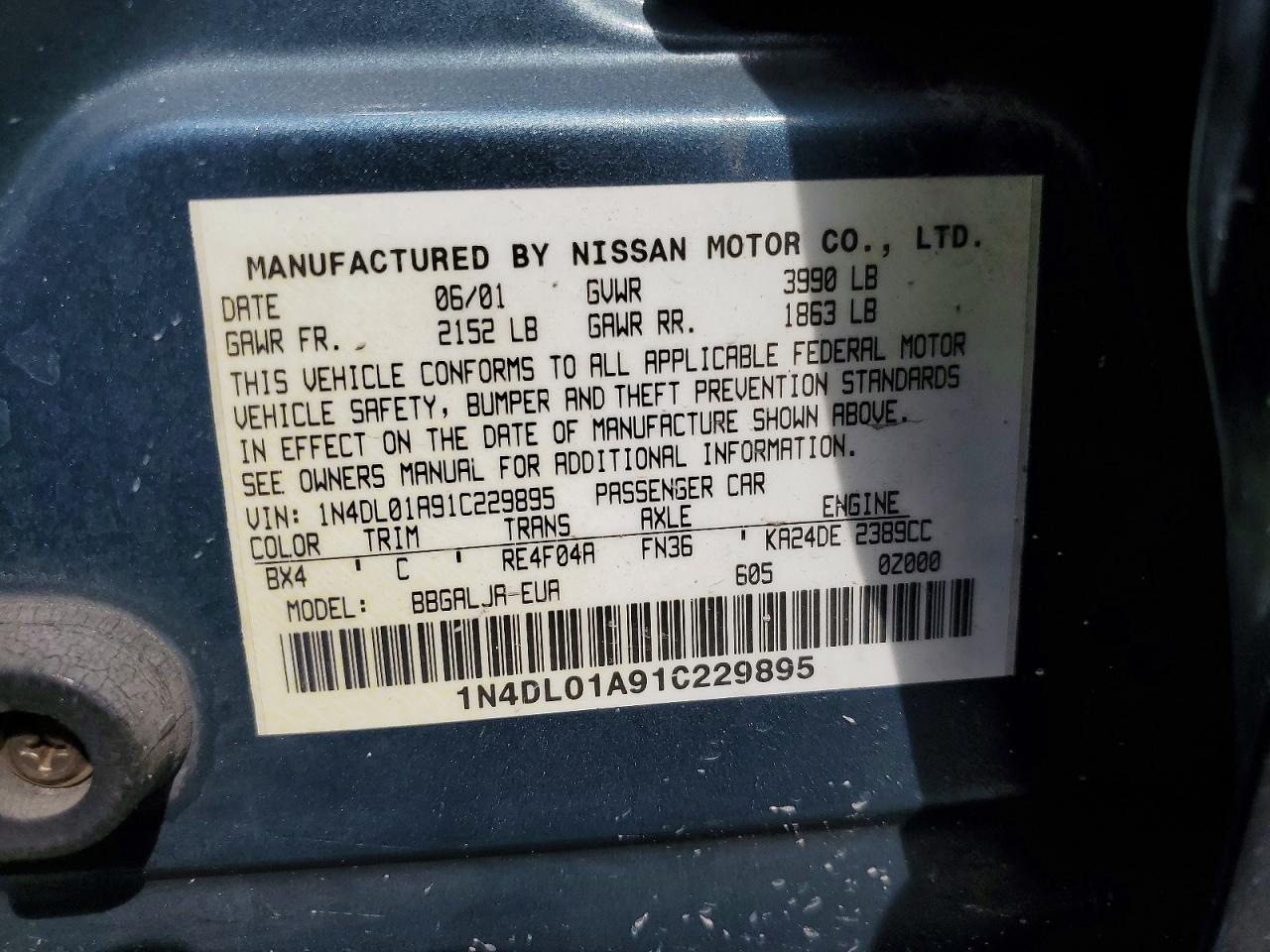 2001 Nissan Altima Gxe Teal vin: 1N4DL01A91C229895