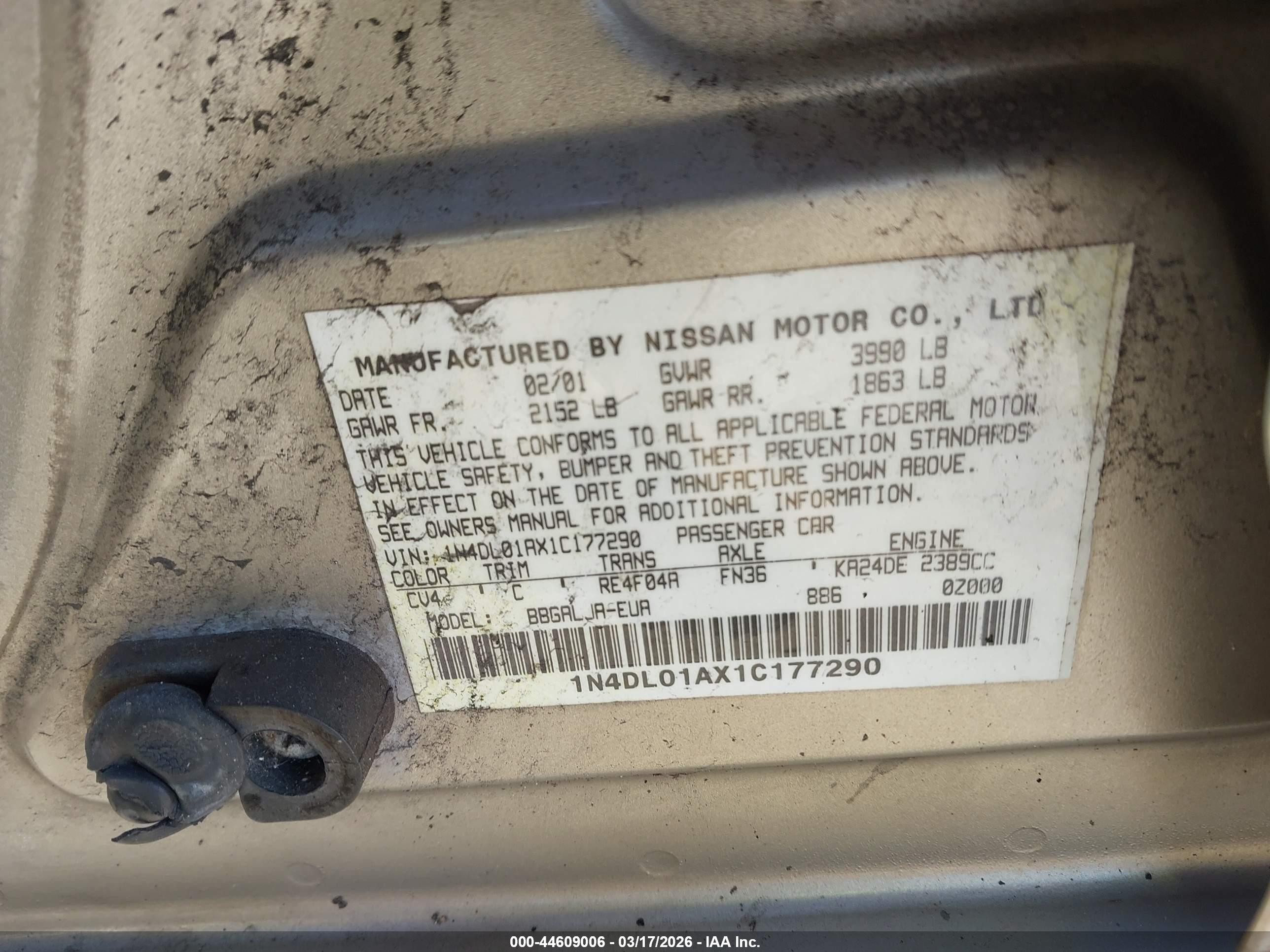 2001 Nissan Altima Gle Beige vin: 1N4DL01AX1C177290